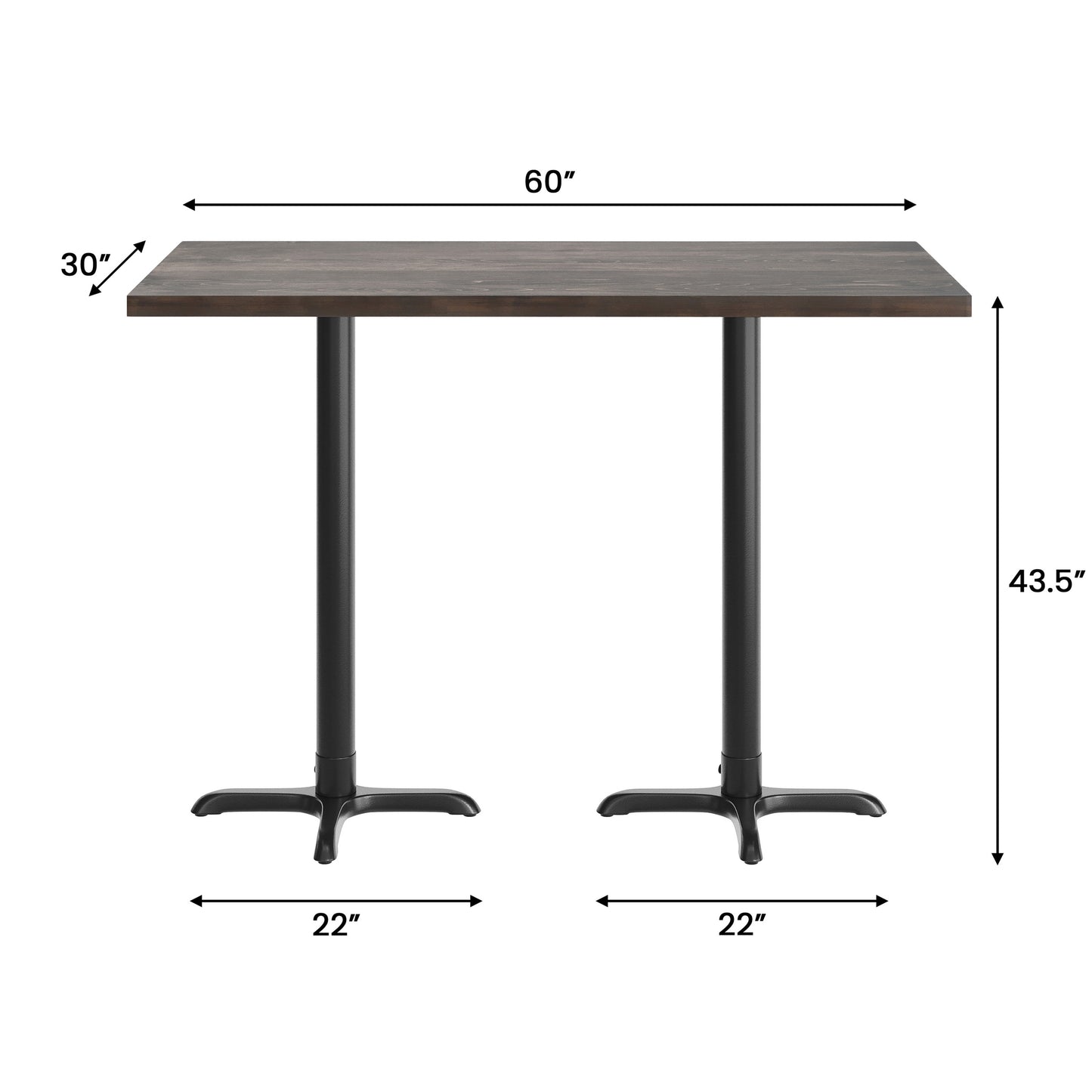 Bennett 30" x 60" Solid Wood Commercial Indoor Tabletop in Dark Brown with 22" x 22" Bar Height Rust-Resistant Black Cast Iron X-Base Dark Brown Top/Black Base