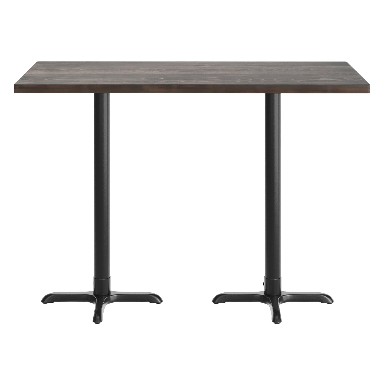 Bennett 30" x 60" Solid Wood Commercial Indoor Tabletop in Dark Brown with 22" x 22" Bar Height Rust-Resistant Black Cast Iron X-Base Dark Brown Top/Black Base