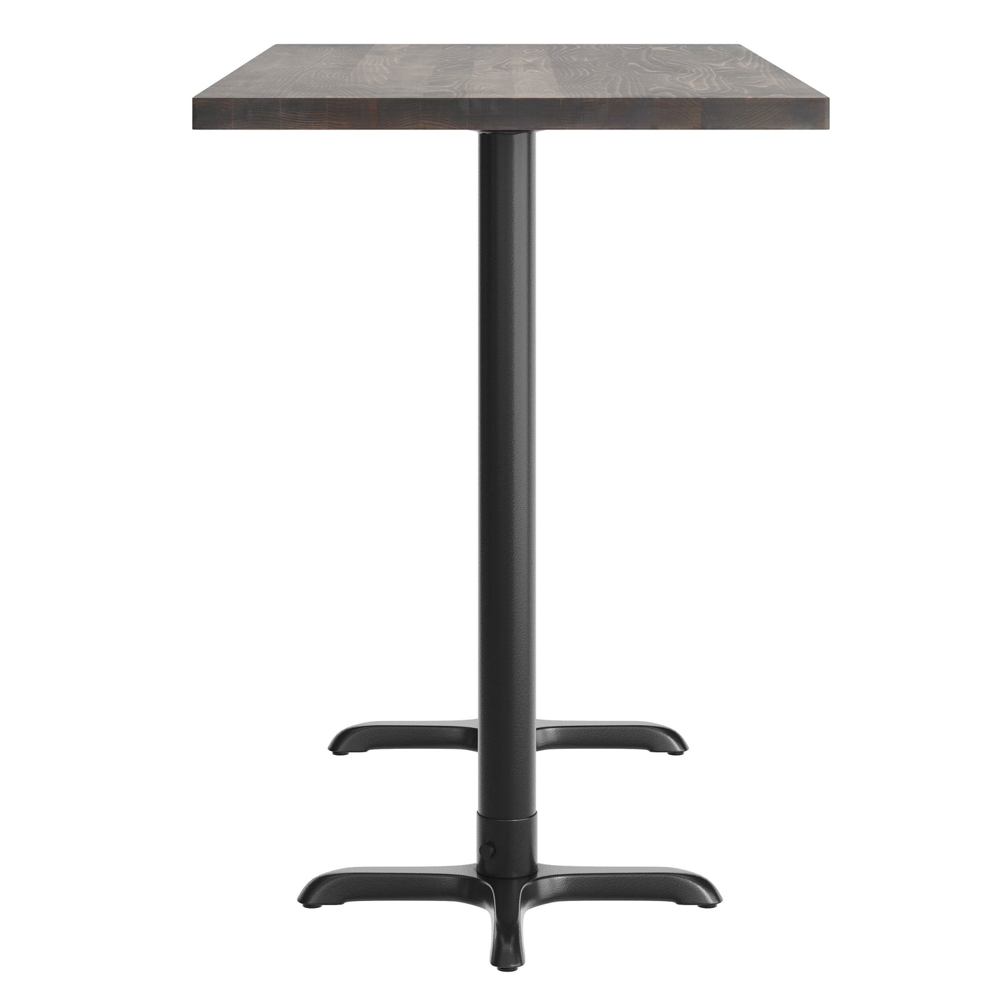 Bennett 30" x 60" Solid Wood Commercial Indoor Tabletop in Dark Brown with 22" x 22" Bar Height Rust-Resistant Black Cast Iron X-Base Dark Brown Top/Black Base