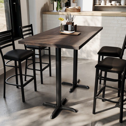 Bennett 30" x 60" Solid Wood Commercial Indoor Tabletop in Dark Brown with 22" x 22" Bar Height Rust-Resistant Black Cast Iron X-Base Dark Brown Top/Black Base