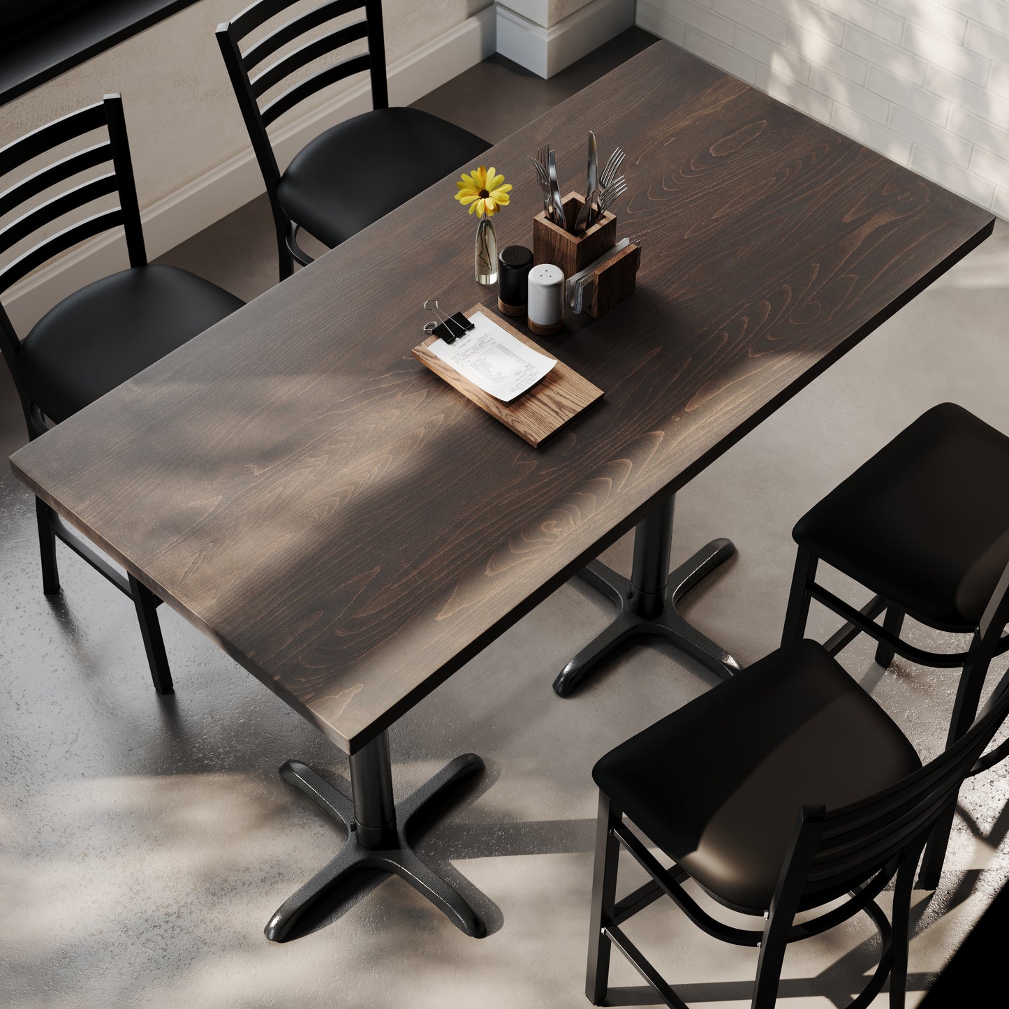 Bennett 30" x 60" Solid Wood Commercial Indoor Tabletop in Dark Brown with 22" x 22" Bar Height Rust-Resistant Black Cast Iron X-Base Dark Brown Top/Black Base