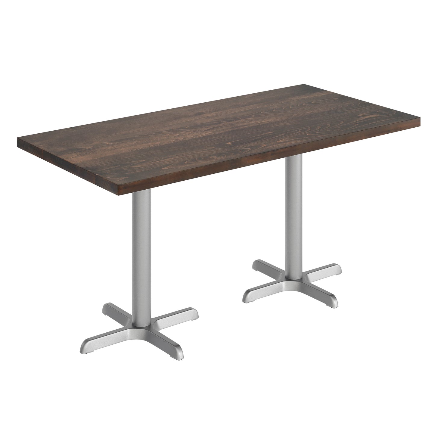Bennett 30" x 60" Solid Wood Commercial Indoor Tabletop in Dark Brown with 22" x 22" Dining Height Rust-Resistant Silver Cast Iron X-Base Dark Brown Top/Silver Base
