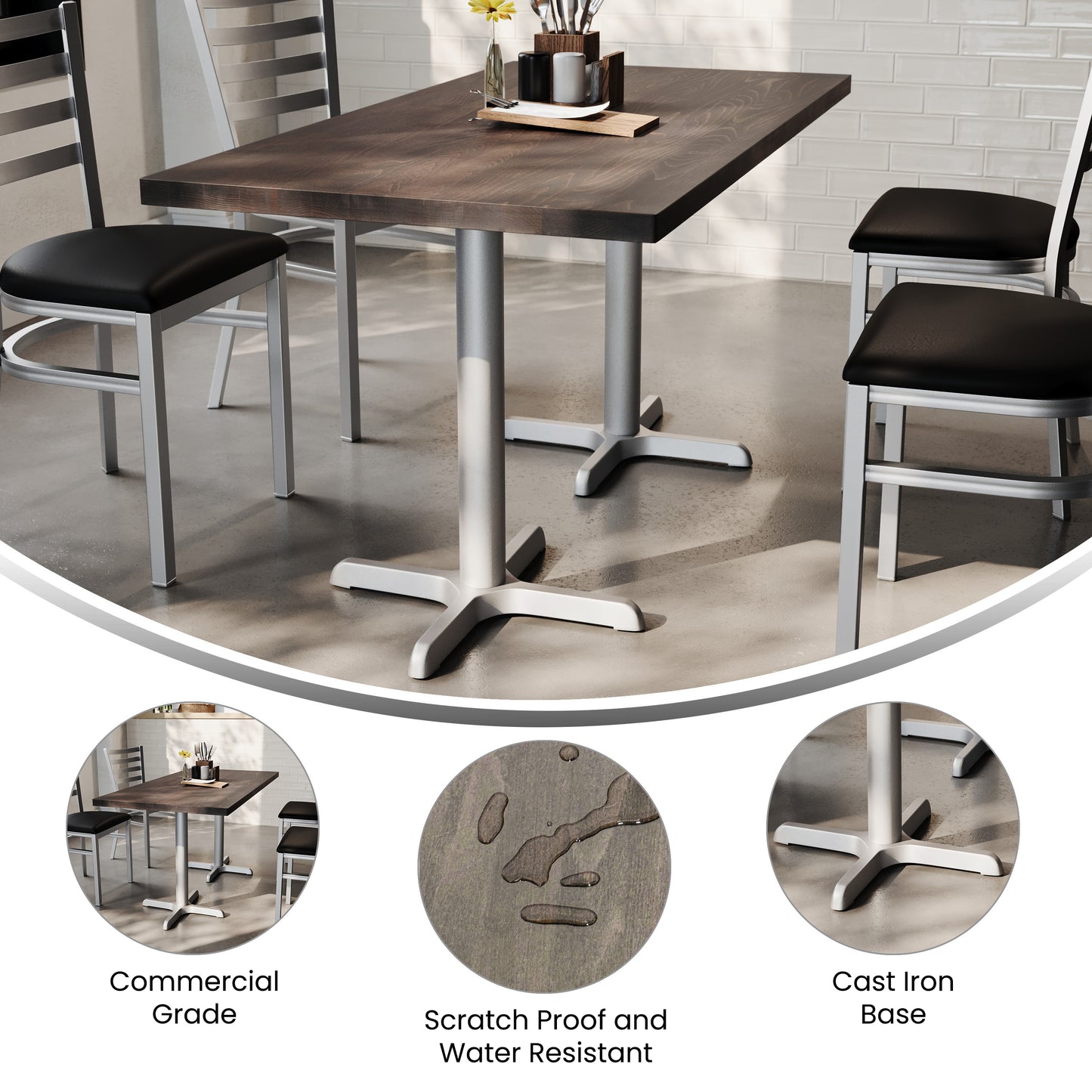 Bennett 30" x 60" Solid Wood Commercial Indoor Tabletop in Dark Brown with 22" x 22" Dining Height Rust-Resistant Silver Cast Iron X-Base Dark Brown Top/Silver Base