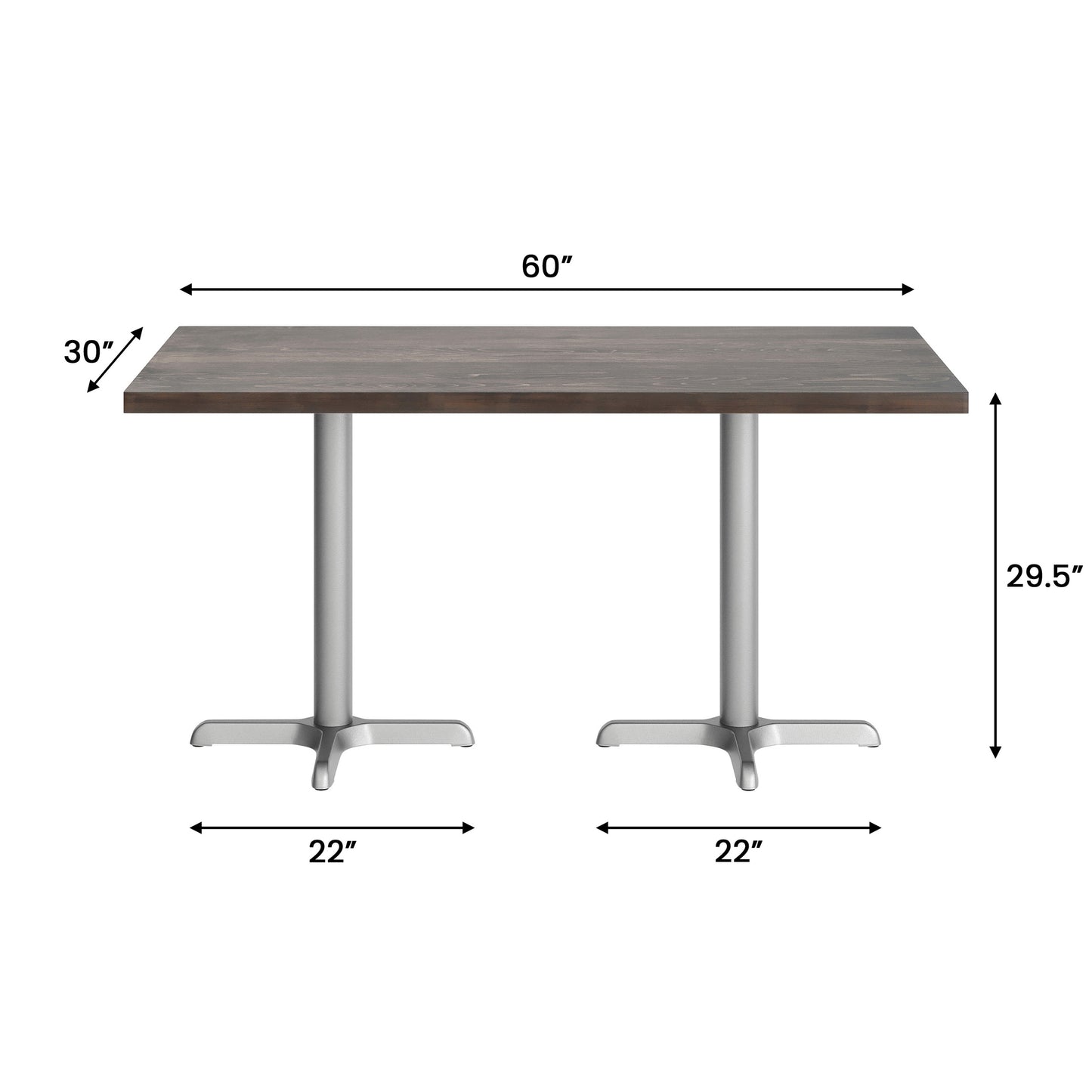 Bennett 30" x 60" Solid Wood Commercial Indoor Tabletop in Dark Brown with 22" x 22" Dining Height Rust-Resistant Silver Cast Iron X-Base Dark Brown Top/Silver Base