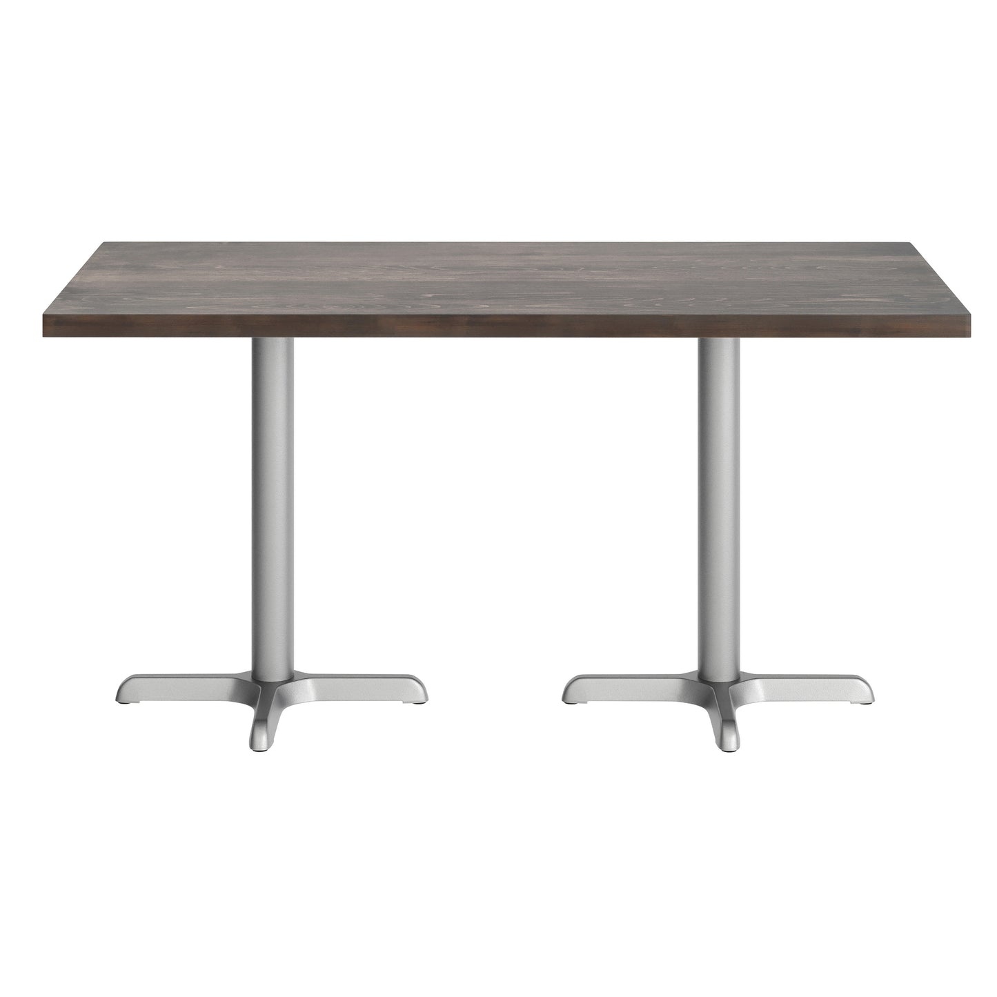 Bennett 30" x 60" Solid Wood Commercial Indoor Tabletop in Dark Brown with 22" x 22" Dining Height Rust-Resistant Silver Cast Iron X-Base Dark Brown Top/Silver Base