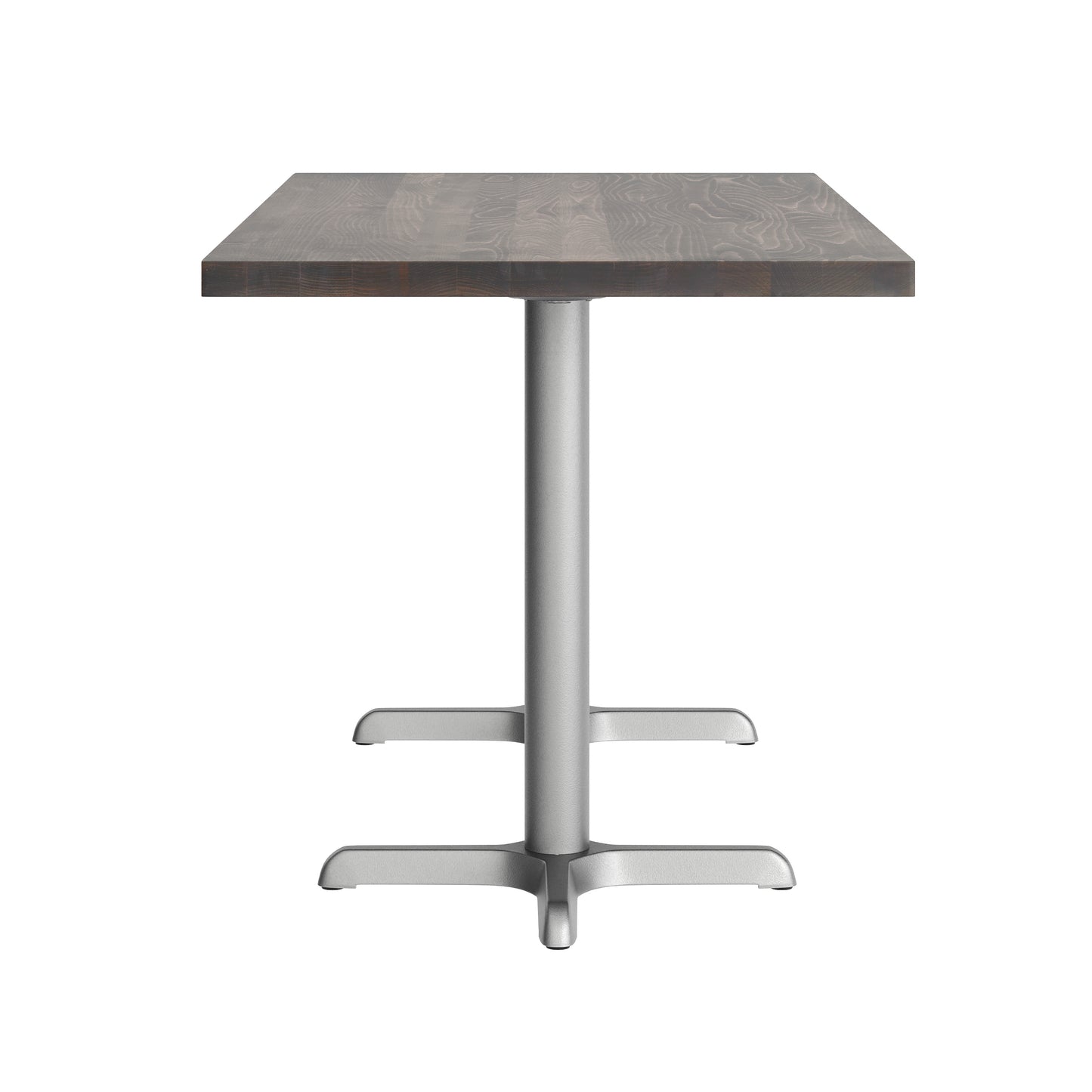 Bennett 30" x 60" Solid Wood Commercial Indoor Tabletop in Dark Brown with 22" x 22" Dining Height Rust-Resistant Silver Cast Iron X-Base Dark Brown Top/Silver Base