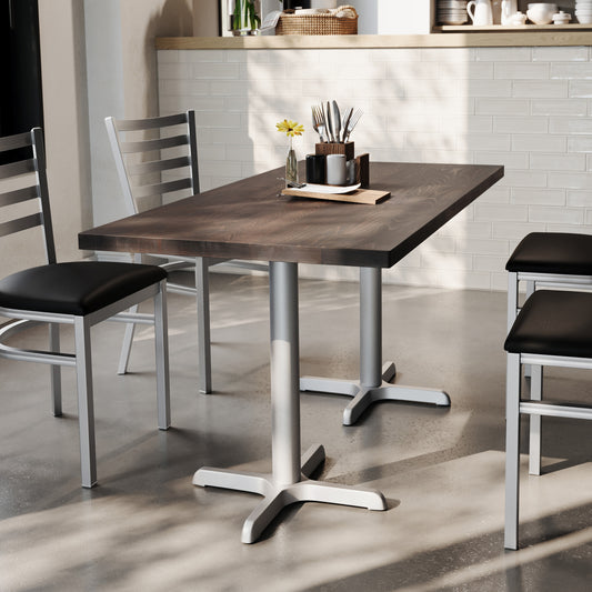 Bennett 30" x 60" Solid Wood Commercial Indoor Tabletop in Dark Brown with 22" x 22" Dining Height Rust-Resistant Silver Cast Iron X-Base Dark Brown Top/Silver Base