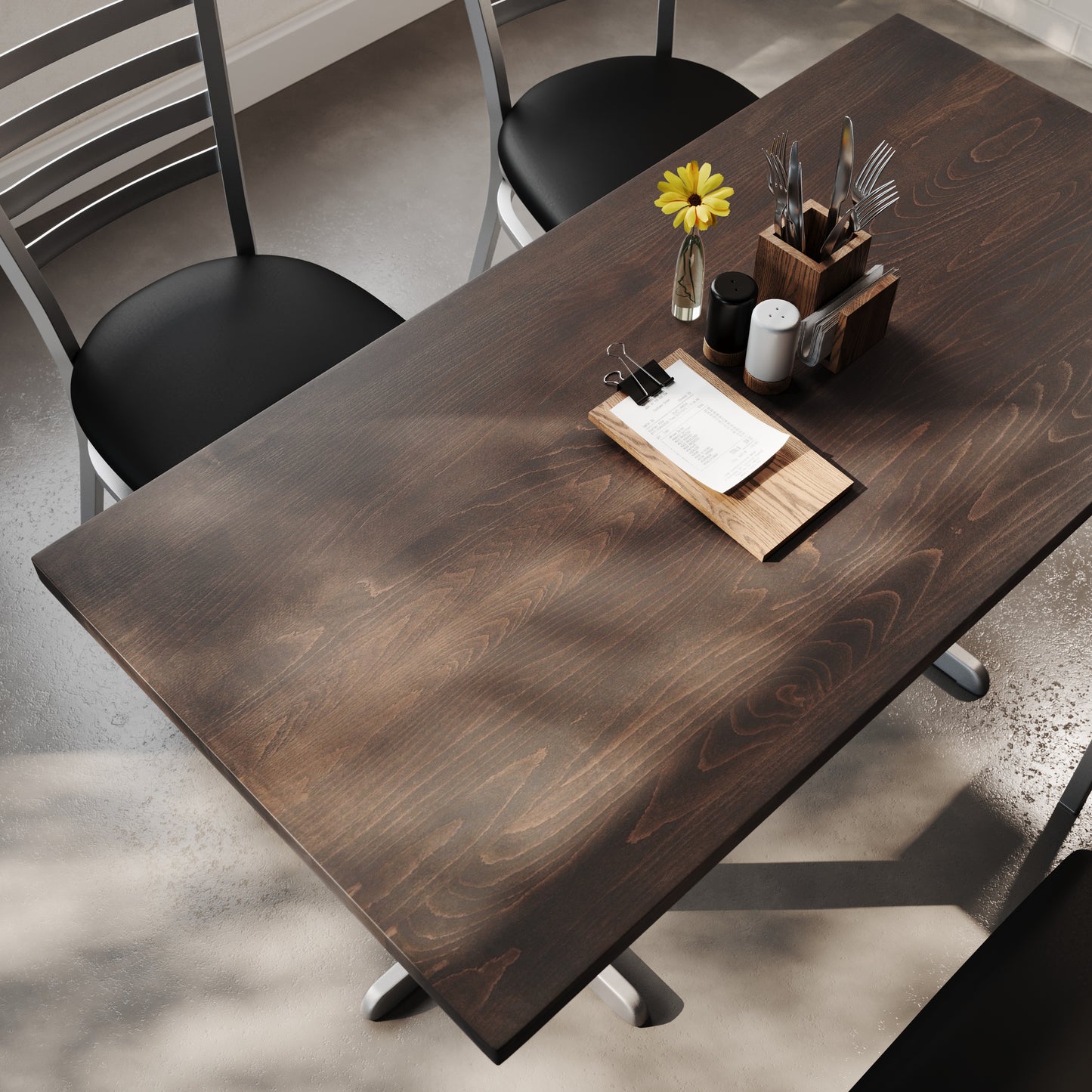 Bennett 30" x 60" Solid Wood Commercial Indoor Tabletop in Dark Brown with 22" x 22" Dining Height Rust-Resistant Silver Cast Iron X-Base Dark Brown Top/Silver Base