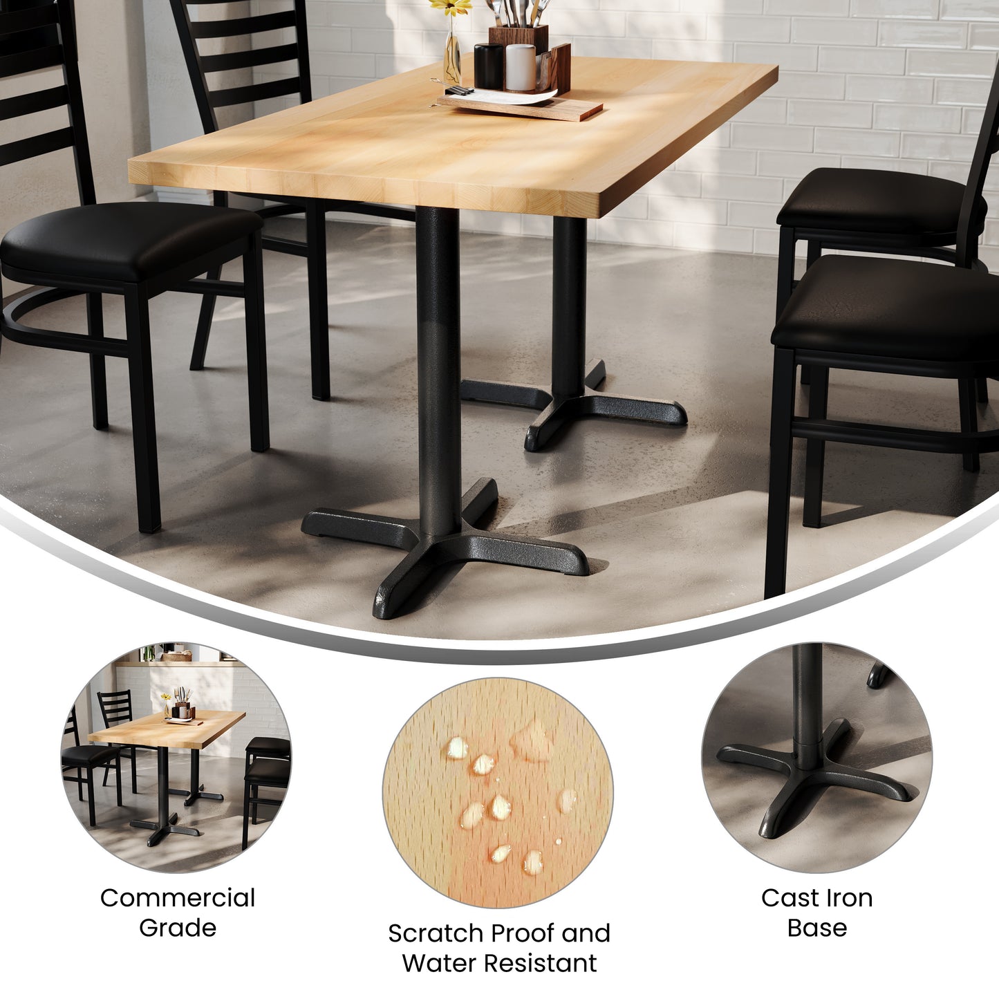 Bennett 30" x 60" Solid Wood Commercial Indoor Tabletop in Natural with 22" x 22" Dining Height Rust-Resistant Black Cast Iron X-Base Natural Top/Black Base
