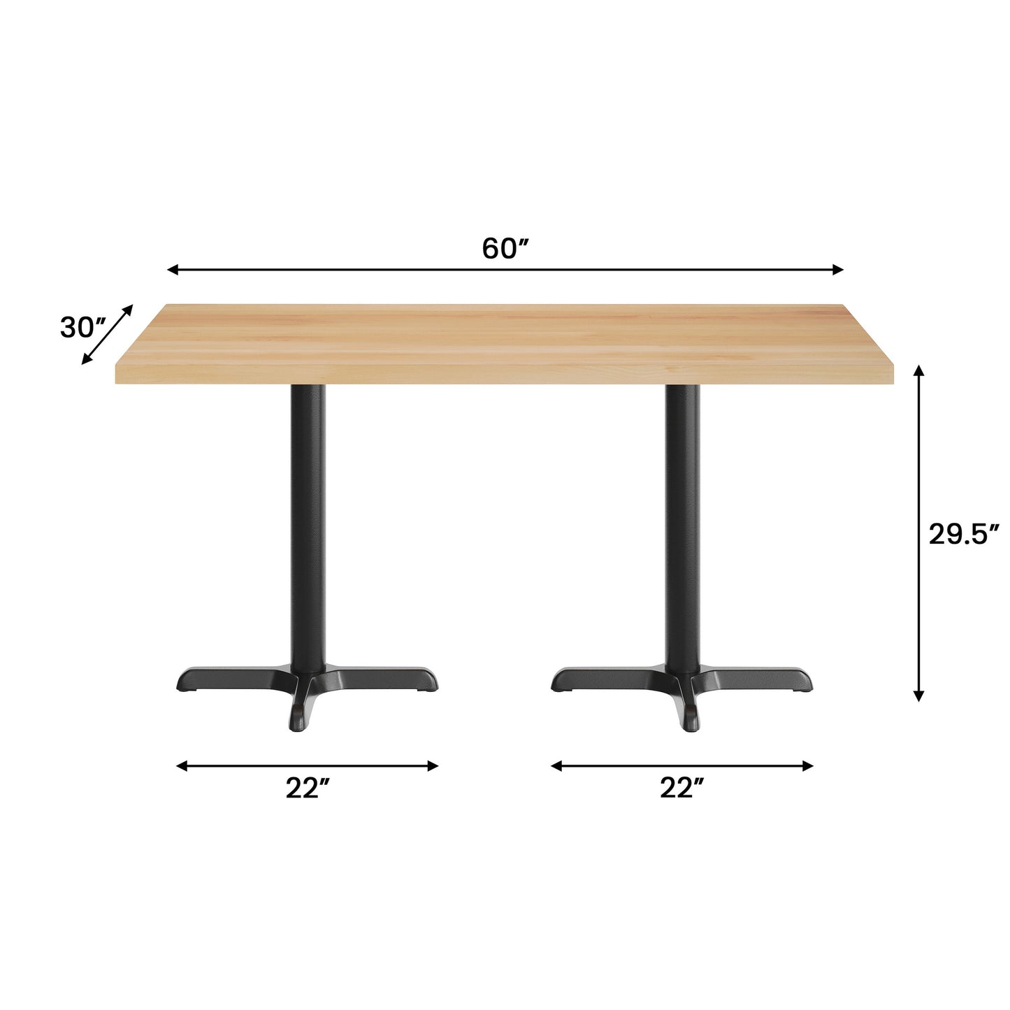 Bennett 30" x 60" Solid Wood Commercial Indoor Tabletop in Natural with 22" x 22" Dining Height Rust-Resistant Black Cast Iron X-Base Natural Top/Black Base