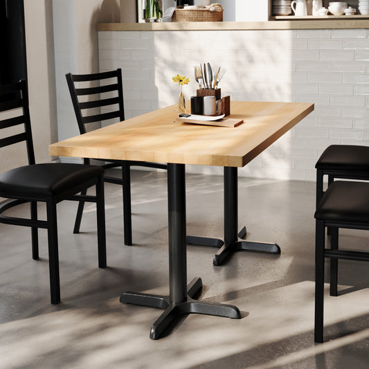 Bennett 30" x 60" Solid Wood Commercial Indoor Tabletop in Natural with 22" x 22" Dining Height Rust-Resistant Black Cast Iron X-Base Natural Top/Black Base