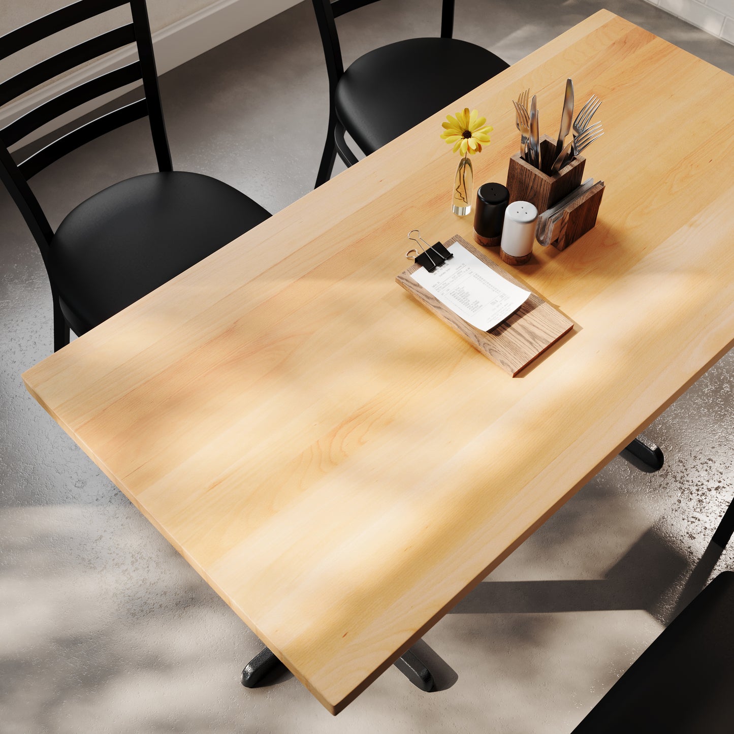 Bennett 30" x 60" Solid Wood Commercial Indoor Tabletop in Natural with 22" x 22" Dining Height Rust-Resistant Black Cast Iron X-Base Natural Top/Black Base