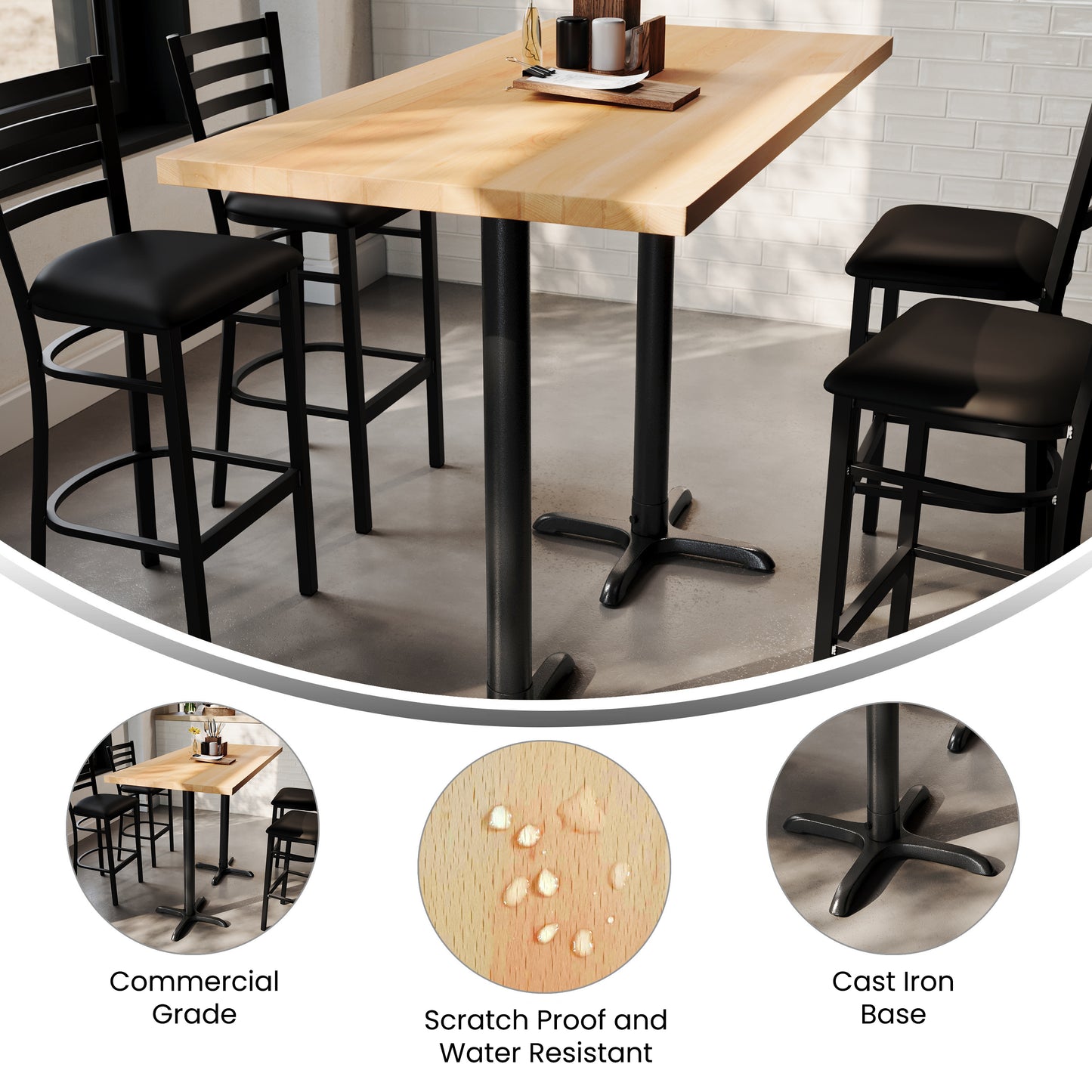 Bennett 30" x 60" Solid Wood Commercial Indoor Tabletop in Natural with 22" x 22" Bar Height Rust-Resistant Black Cast Iron X-Base Natural Top/Black Base