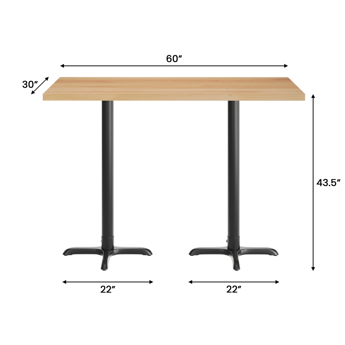 Bennett 30" x 60" Solid Wood Commercial Indoor Tabletop in Natural with 22" x 22" Bar Height Rust-Resistant Black Cast Iron X-Base Natural Top/Black Base