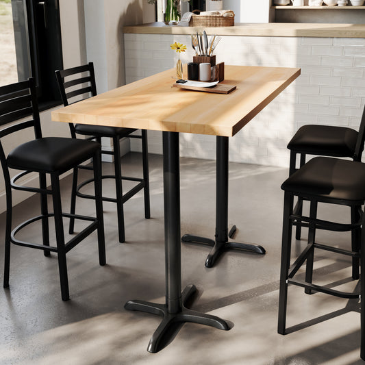 Bennett 30" x 60" Solid Wood Commercial Indoor Tabletop in Natural with 22" x 22" Bar Height Rust-Resistant Black Cast Iron X-Base Natural Top/Black Base