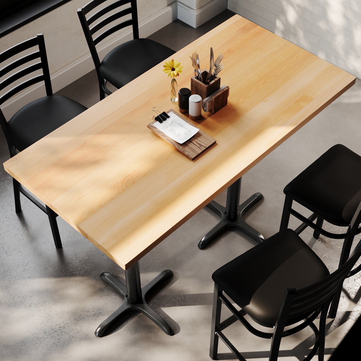 Bennett 30" x 60" Solid Wood Commercial Indoor Tabletop in Natural with 22" x 22" Bar Height Rust-Resistant Black Cast Iron X-Base Natural Top/Black Base