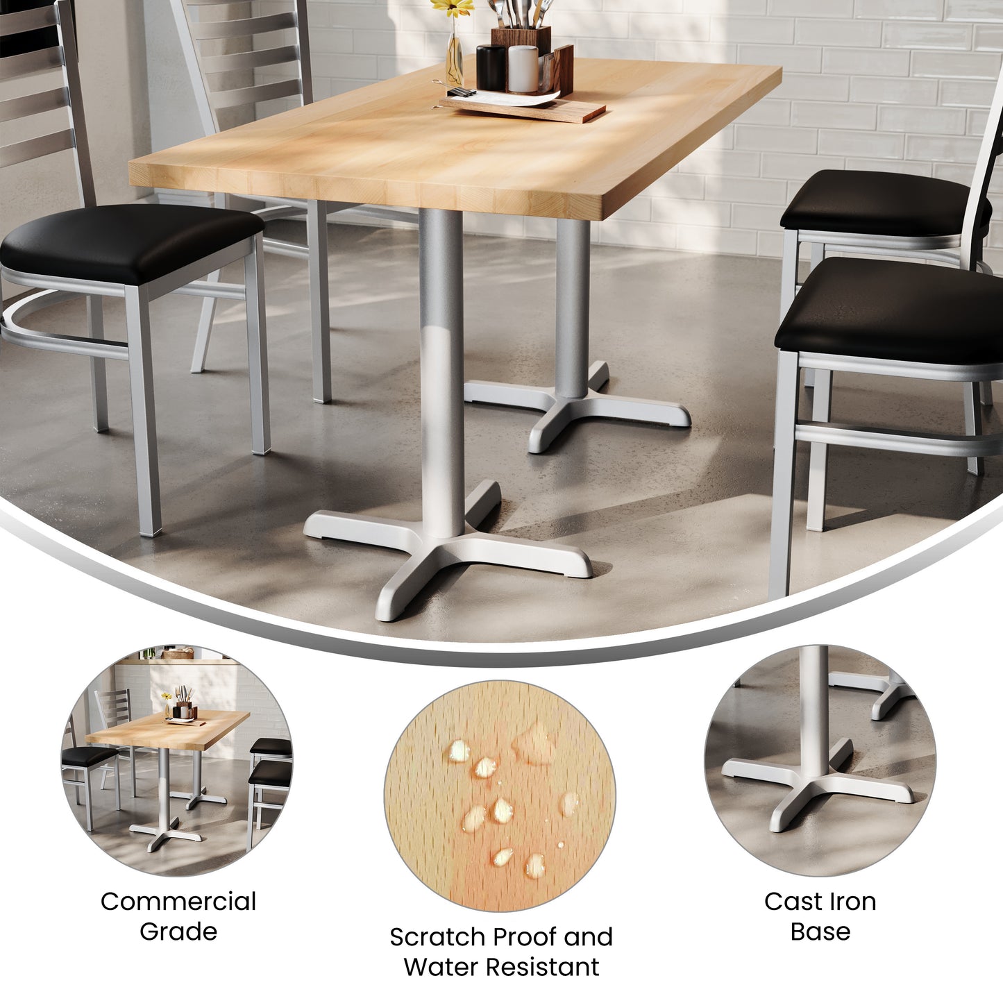 Bennett 30" x 60" Solid Wood Commercial Indoor Tabletop in Natural with 22" x 22" Dining Height Rust-Resistant Silver Cast Iron X-Base Natural Top/Silver Base