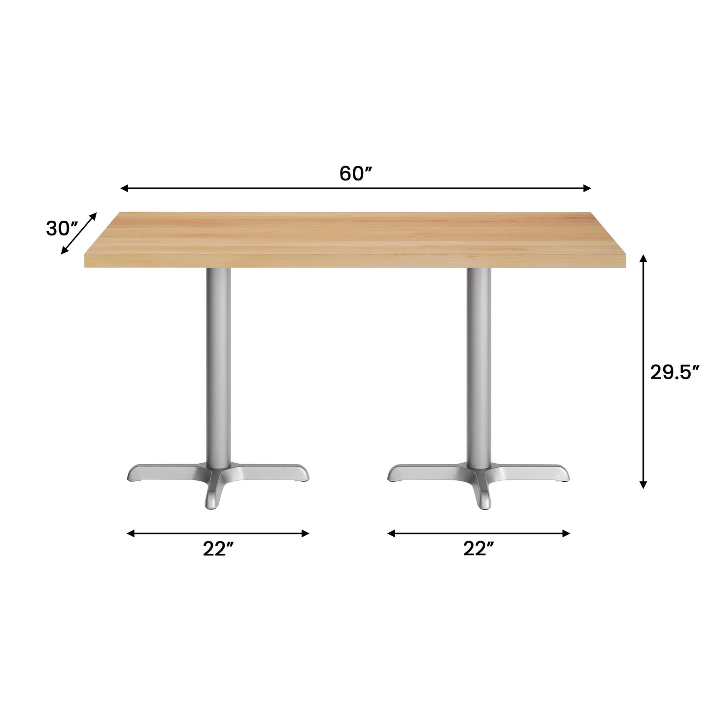 Bennett 30" x 60" Solid Wood Commercial Indoor Tabletop in Natural with 22" x 22" Dining Height Rust-Resistant Silver Cast Iron X-Base Natural Top/Silver Base