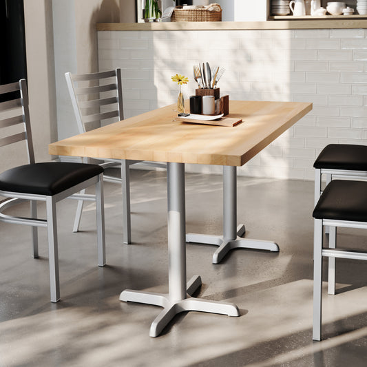 Bennett 30" x 60" Solid Wood Commercial Indoor Tabletop in Natural with 22" x 22" Dining Height Rust-Resistant Silver Cast Iron X-Base Natural Top/Silver Base