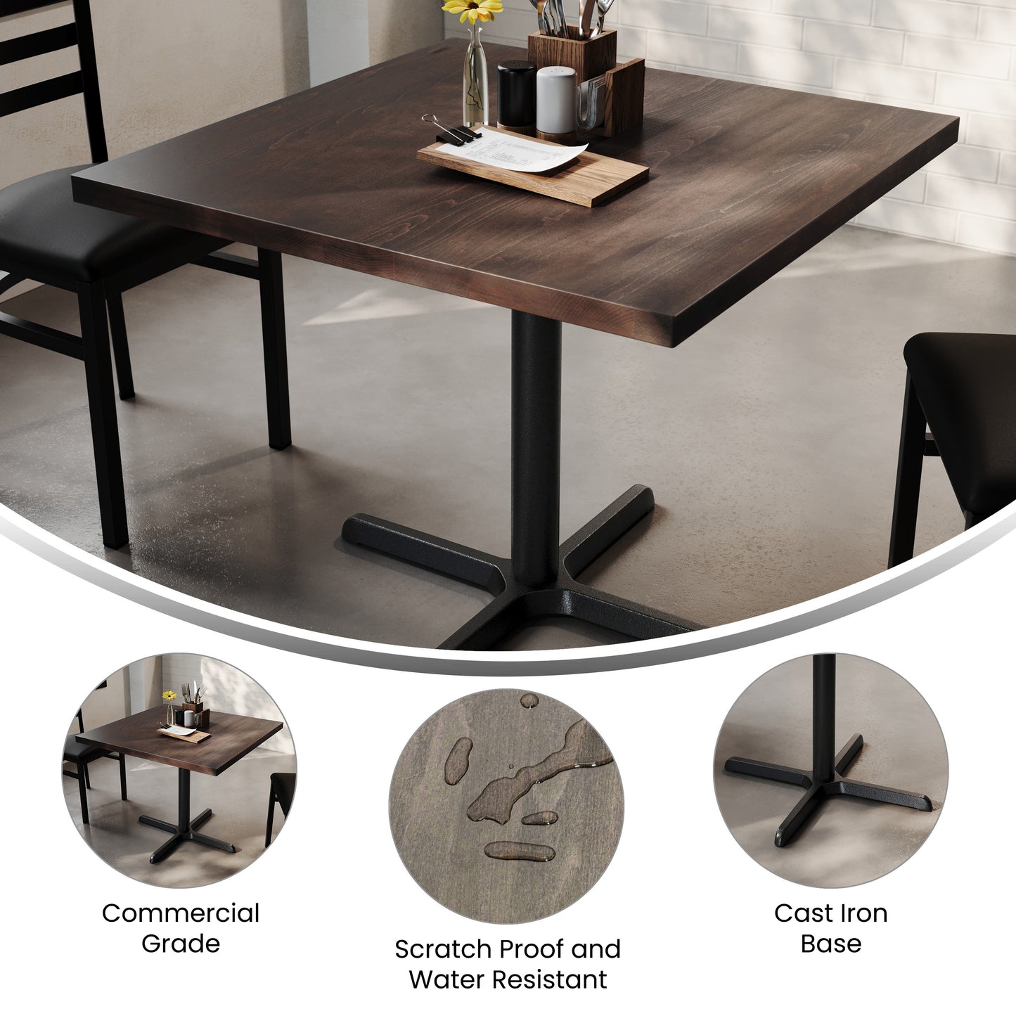 Bennett 36" Square Solid Wood Commercial Indoor Tabletop in Dark Brown with 30" x 30" Dining Height Rust-Resistant Black Cast Iron X-Base Dark Brown Top/Black Base