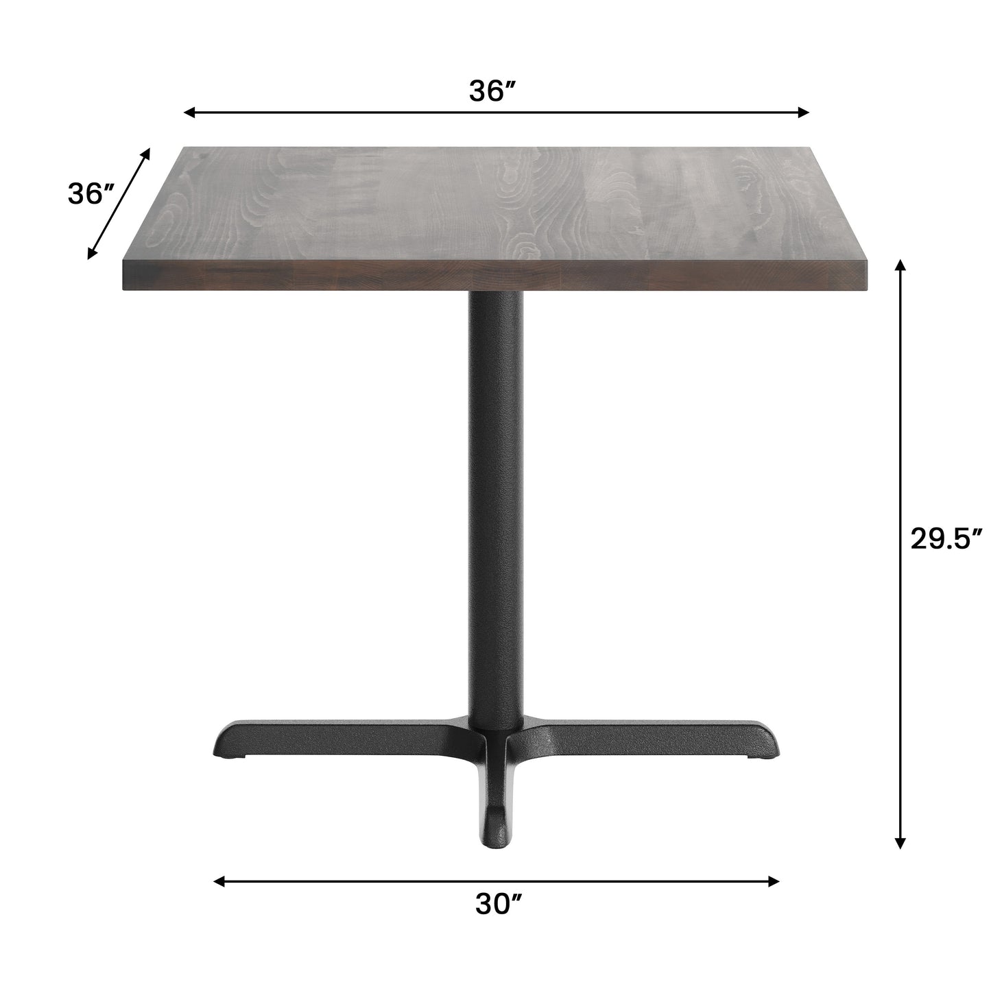 Bennett 36" Square Solid Wood Commercial Indoor Tabletop in Dark Brown with 30" x 30" Dining Height Rust-Resistant Black Cast Iron X-Base Dark Brown Top/Black Base