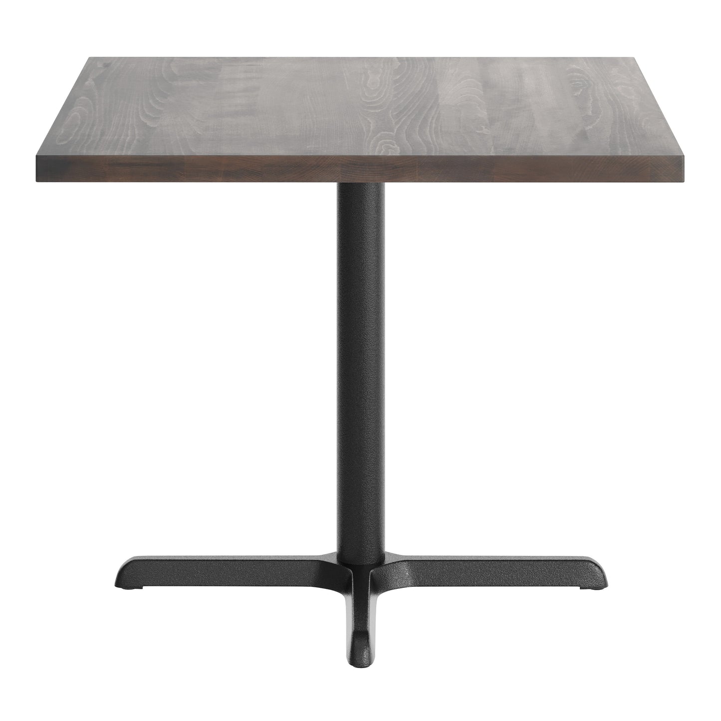 Bennett 36" Square Solid Wood Commercial Indoor Tabletop in Dark Brown with 30" x 30" Dining Height Rust-Resistant Black Cast Iron X-Base Dark Brown Top/Black Base