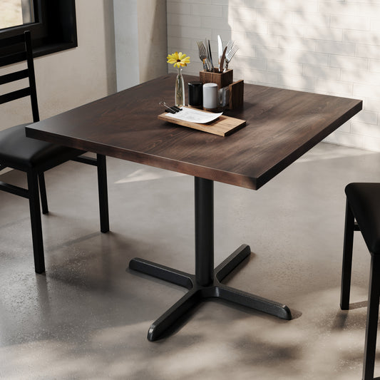 Bennett 36" Square Solid Wood Commercial Indoor Tabletop in Dark Brown with 30" x 30" Dining Height Rust-Resistant Black Cast Iron X-Base Dark Brown Top/Black Base