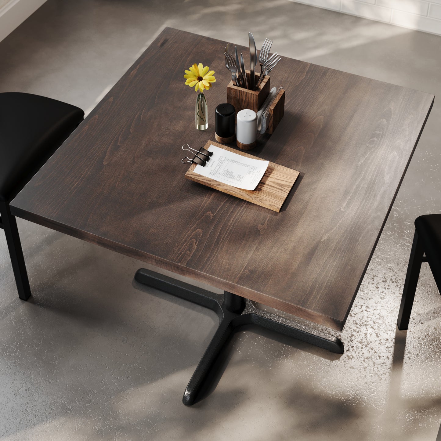 Bennett 36" Square Solid Wood Commercial Indoor Tabletop in Dark Brown with 30" x 30" Dining Height Rust-Resistant Black Cast Iron X-Base Dark Brown Top/Black Base