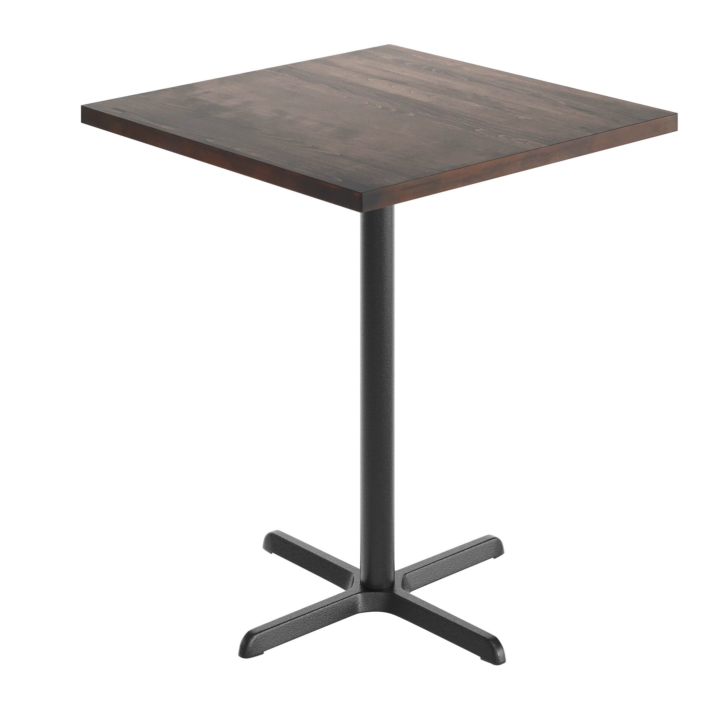 Bennett 36" Square Solid Wood Commercial Indoor Tabletop in Dark Brown with 30" x 30" Bar Height Rust-Resistant Black Cast Iron X-Base Dark Brown Top/Black Base