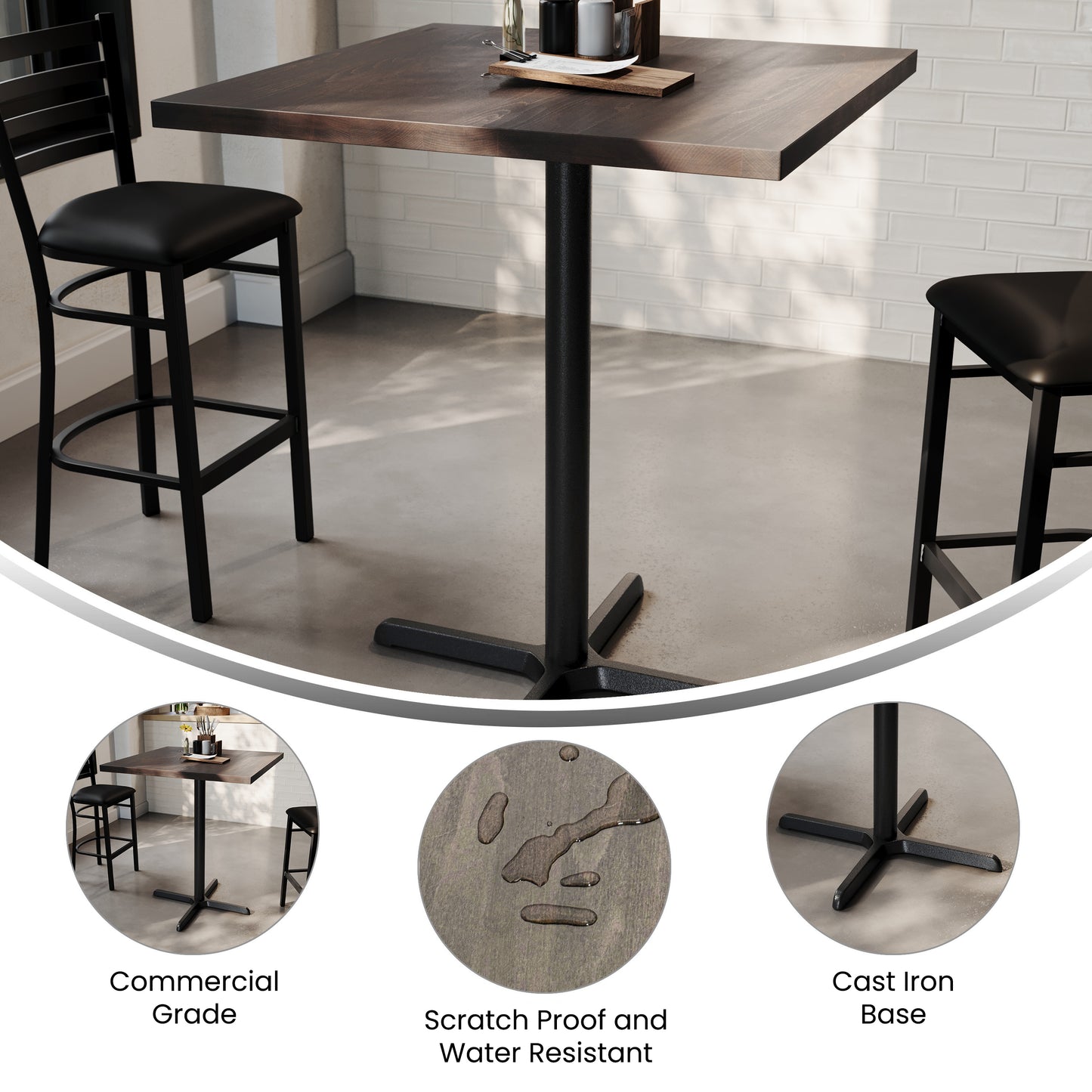 Bennett 36" Square Solid Wood Commercial Indoor Tabletop in Dark Brown with 30" x 30" Bar Height Rust-Resistant Black Cast Iron X-Base Dark Brown Top/Black Base