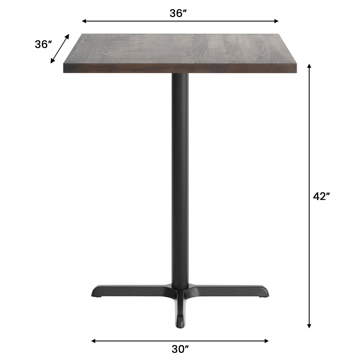 Bennett 36" Square Solid Wood Commercial Indoor Tabletop in Dark Brown with 30" x 30" Bar Height Rust-Resistant Black Cast Iron X-Base Dark Brown Top/Black Base