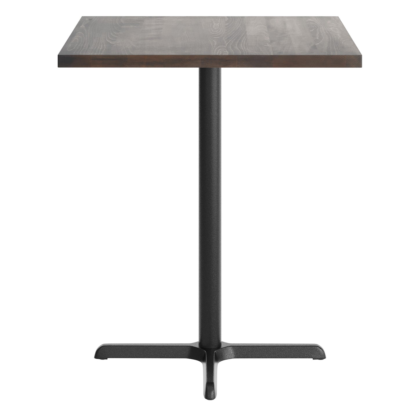 Bennett 36" Square Solid Wood Commercial Indoor Tabletop in Dark Brown with 30" x 30" Bar Height Rust-Resistant Black Cast Iron X-Base Dark Brown Top/Black Base