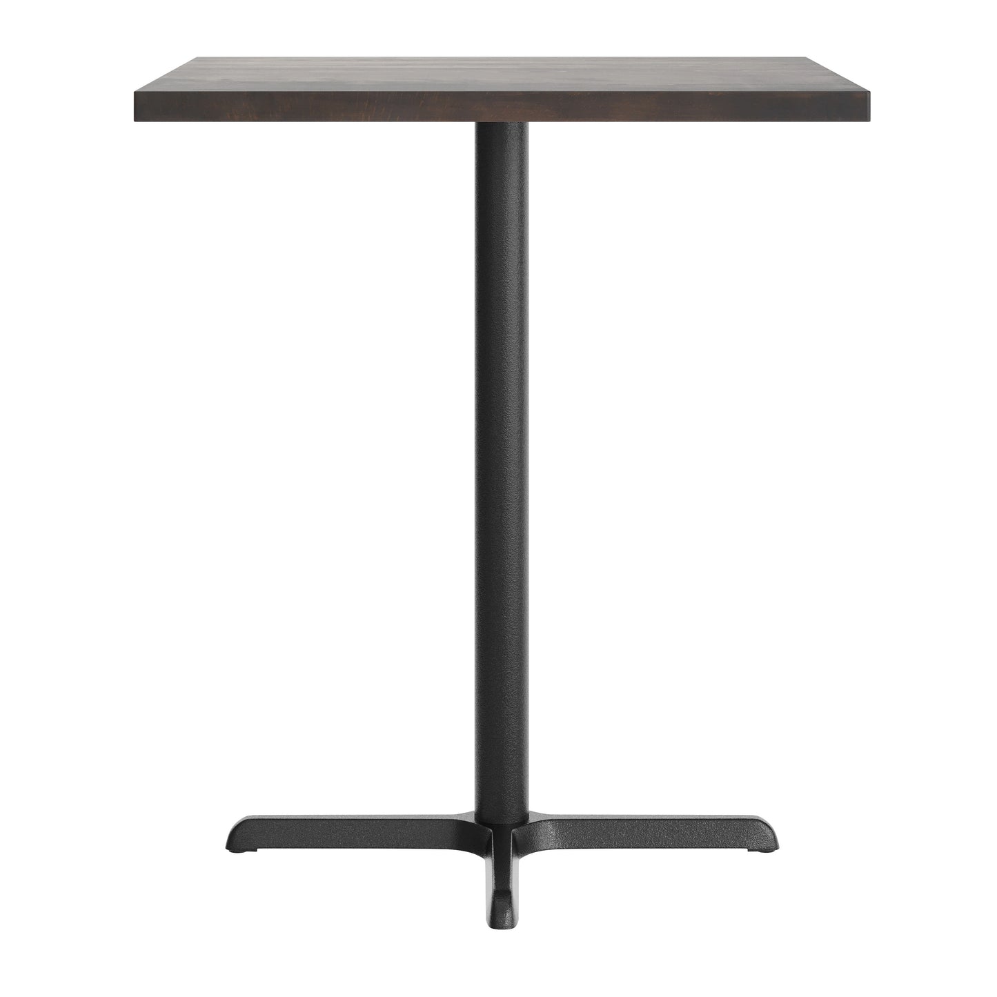 Bennett 36" Square Solid Wood Commercial Indoor Tabletop in Dark Brown with 30" x 30" Bar Height Rust-Resistant Black Cast Iron X-Base Dark Brown Top/Black Base