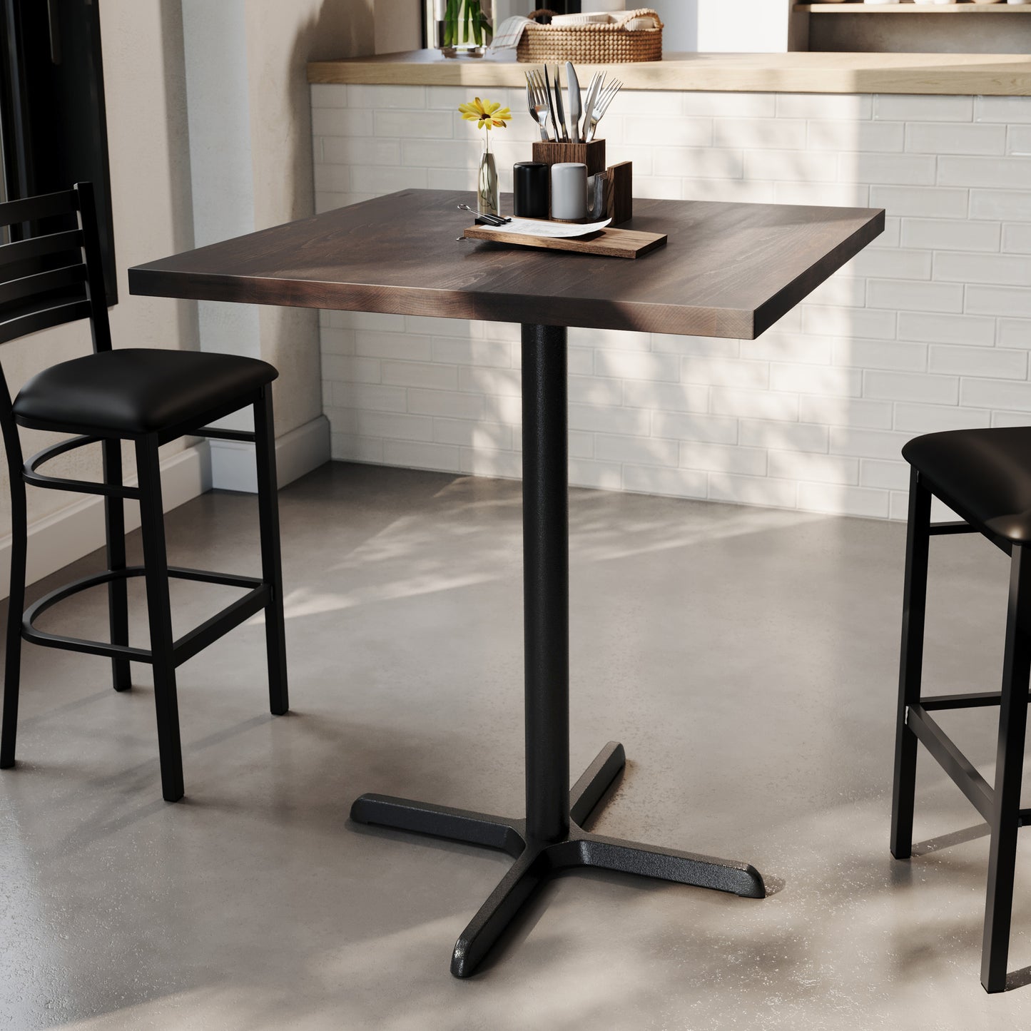 Bennett 36" Square Solid Wood Commercial Indoor Tabletop in Dark Brown with 30" x 30" Bar Height Rust-Resistant Black Cast Iron X-Base Dark Brown Top/Black Base