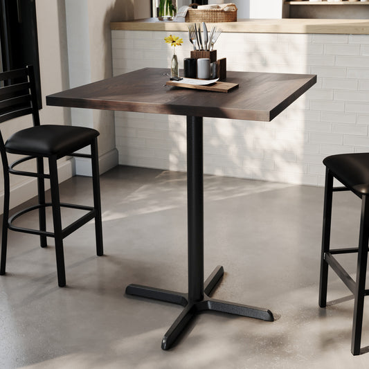Bennett 36" Square Solid Wood Commercial Indoor Tabletop in Dark Brown with 30" x 30" Bar Height Rust-Resistant Black Cast Iron X-Base Dark Brown Top/Black Base