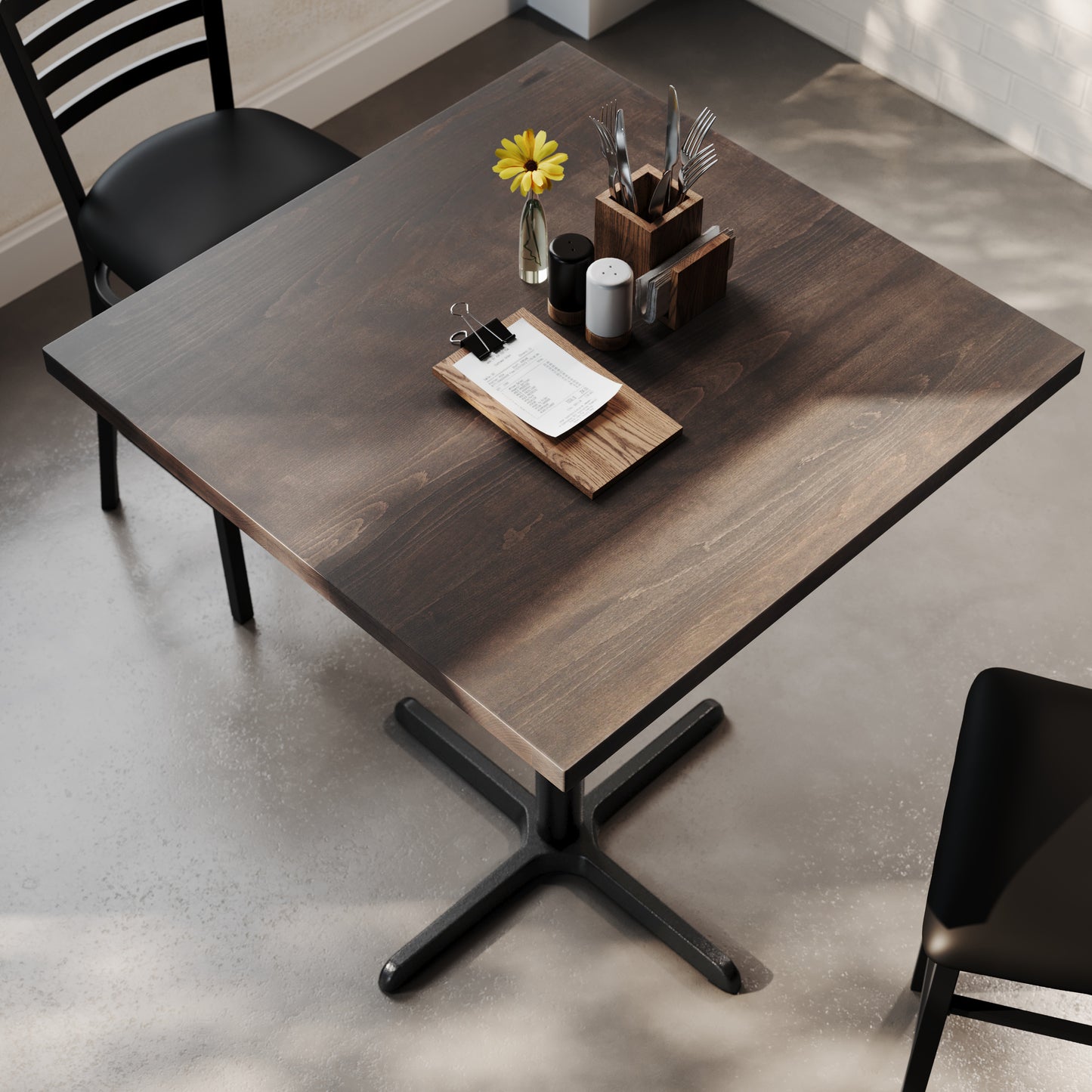 Bennett 36" Square Solid Wood Commercial Indoor Tabletop in Dark Brown with 30" x 30" Bar Height Rust-Resistant Black Cast Iron X-Base Dark Brown Top/Black Base