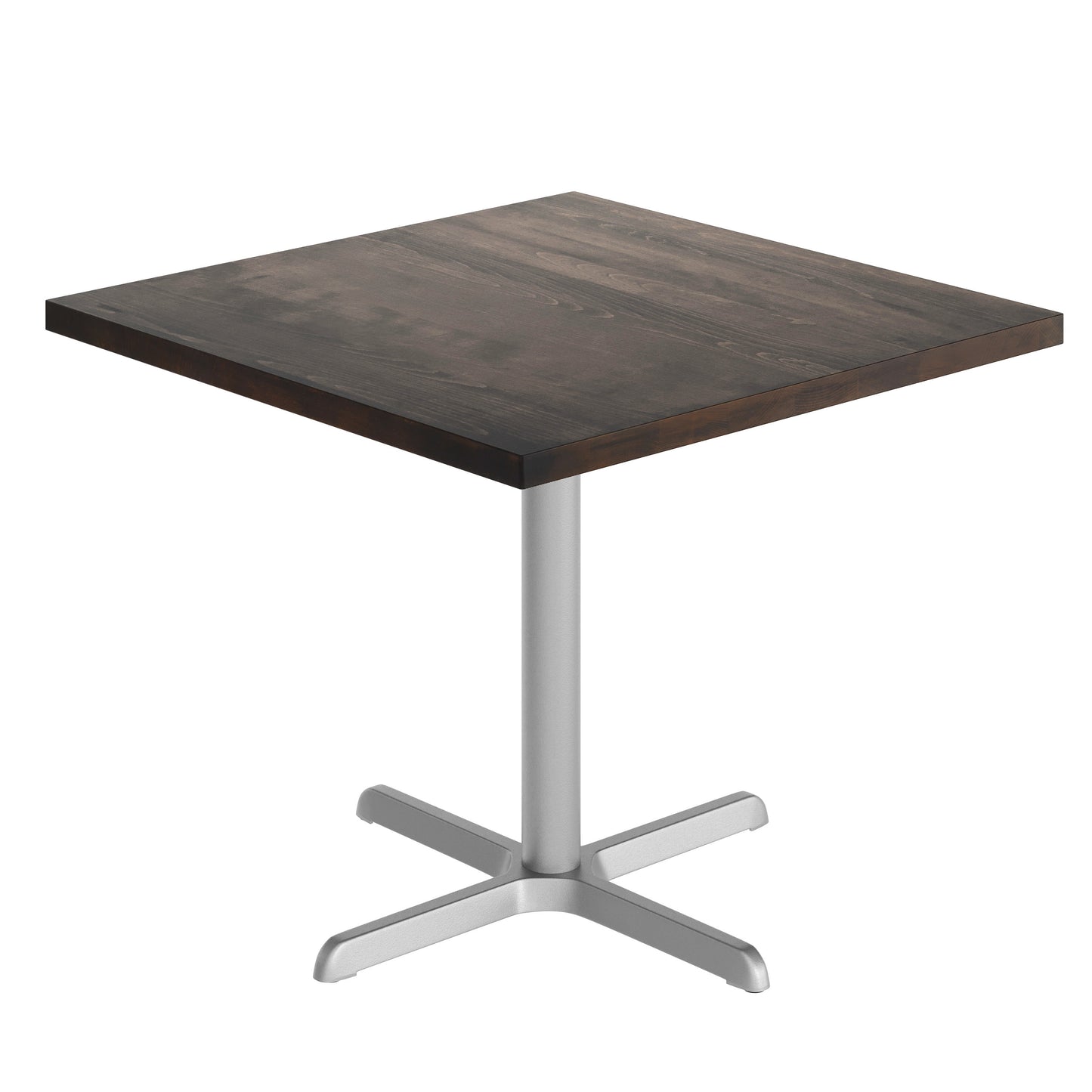 Bennett 36" Square Solid Wood Commercial Indoor Tabletop in Dark Brown with 30" x 30" Dining Height Rust-Resistant Silver Cast Iron X-Base Dark Brown Top/Silver Base