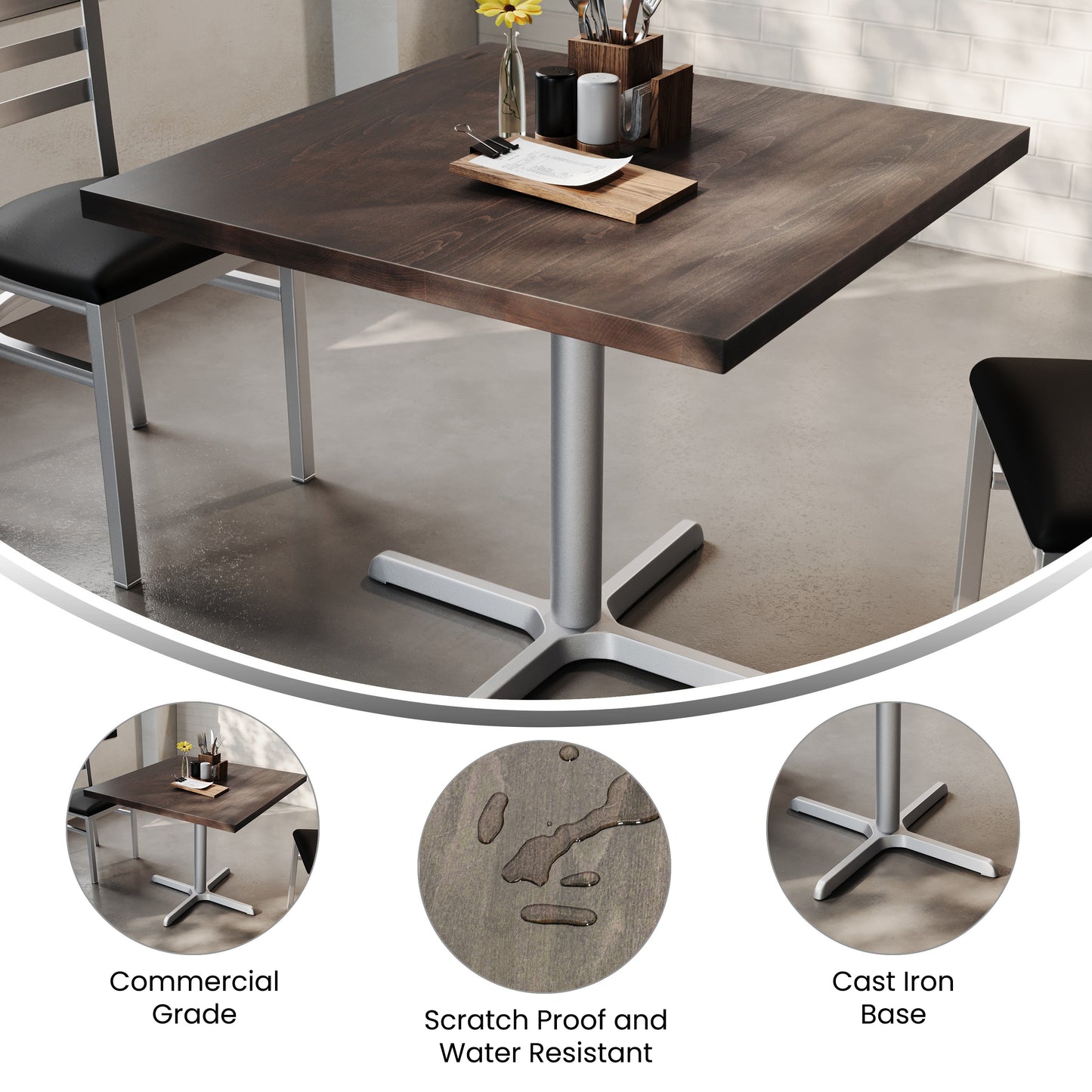 Bennett 36" Square Solid Wood Commercial Indoor Tabletop in Dark Brown with 30" x 30" Dining Height Rust-Resistant Silver Cast Iron X-Base Dark Brown Top/Silver Base