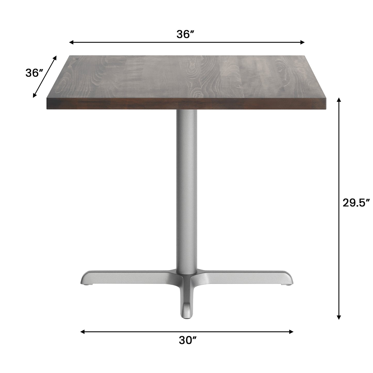 Bennett 36" Square Solid Wood Commercial Indoor Tabletop in Dark Brown with 30" x 30" Dining Height Rust-Resistant Silver Cast Iron X-Base Dark Brown Top/Silver Base