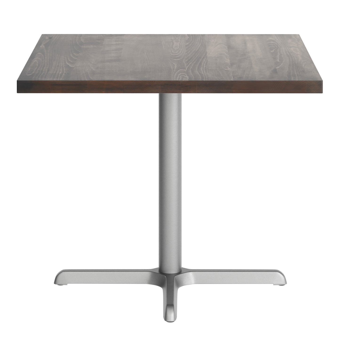 Bennett 36" Square Solid Wood Commercial Indoor Tabletop in Dark Brown with 30" x 30" Dining Height Rust-Resistant Silver Cast Iron X-Base Dark Brown Top/Silver Base