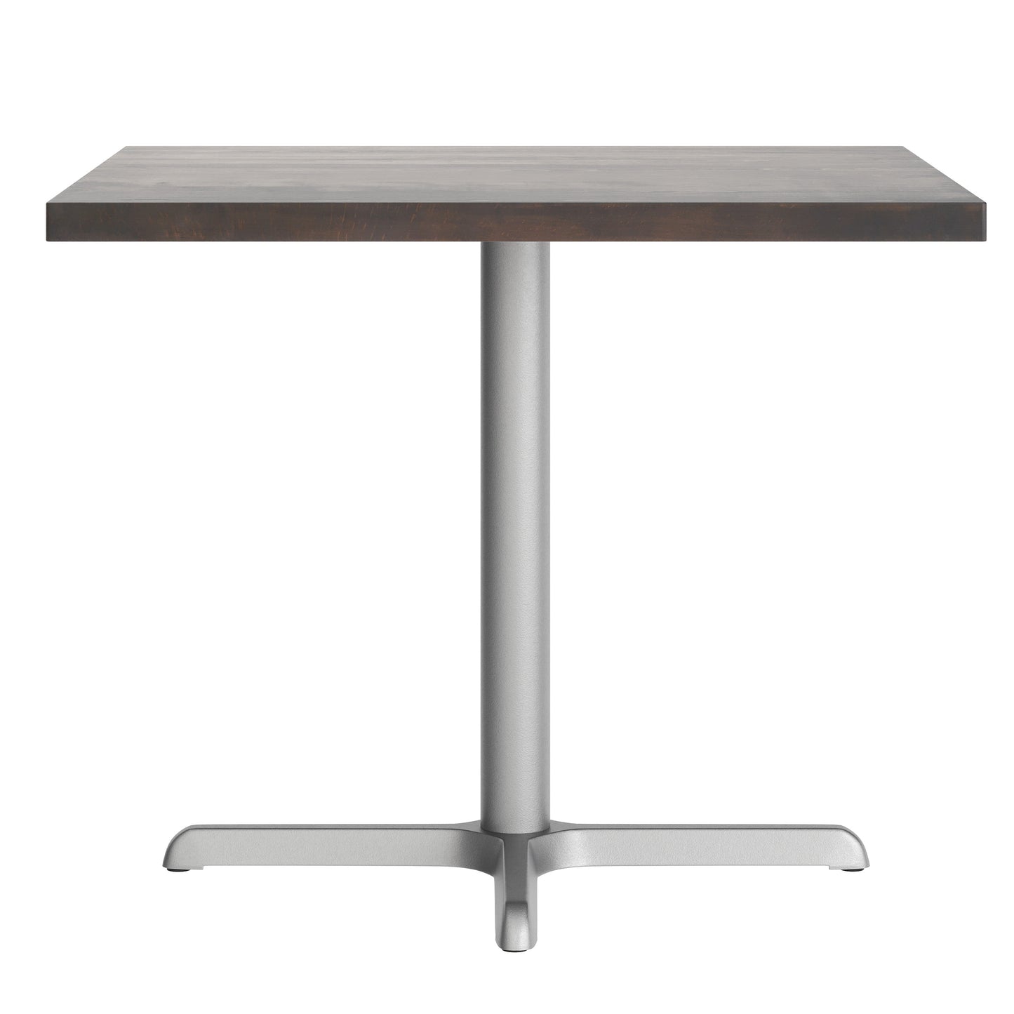 Bennett 36" Square Solid Wood Commercial Indoor Tabletop in Dark Brown with 30" x 30" Dining Height Rust-Resistant Silver Cast Iron X-Base Dark Brown Top/Silver Base