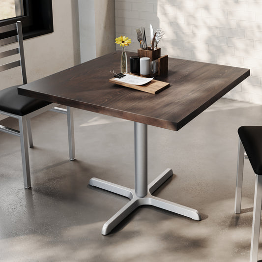 Bennett 36" Square Solid Wood Commercial Indoor Tabletop in Dark Brown with 30" x 30" Dining Height Rust-Resistant Silver Cast Iron X-Base Dark Brown Top/Silver Base