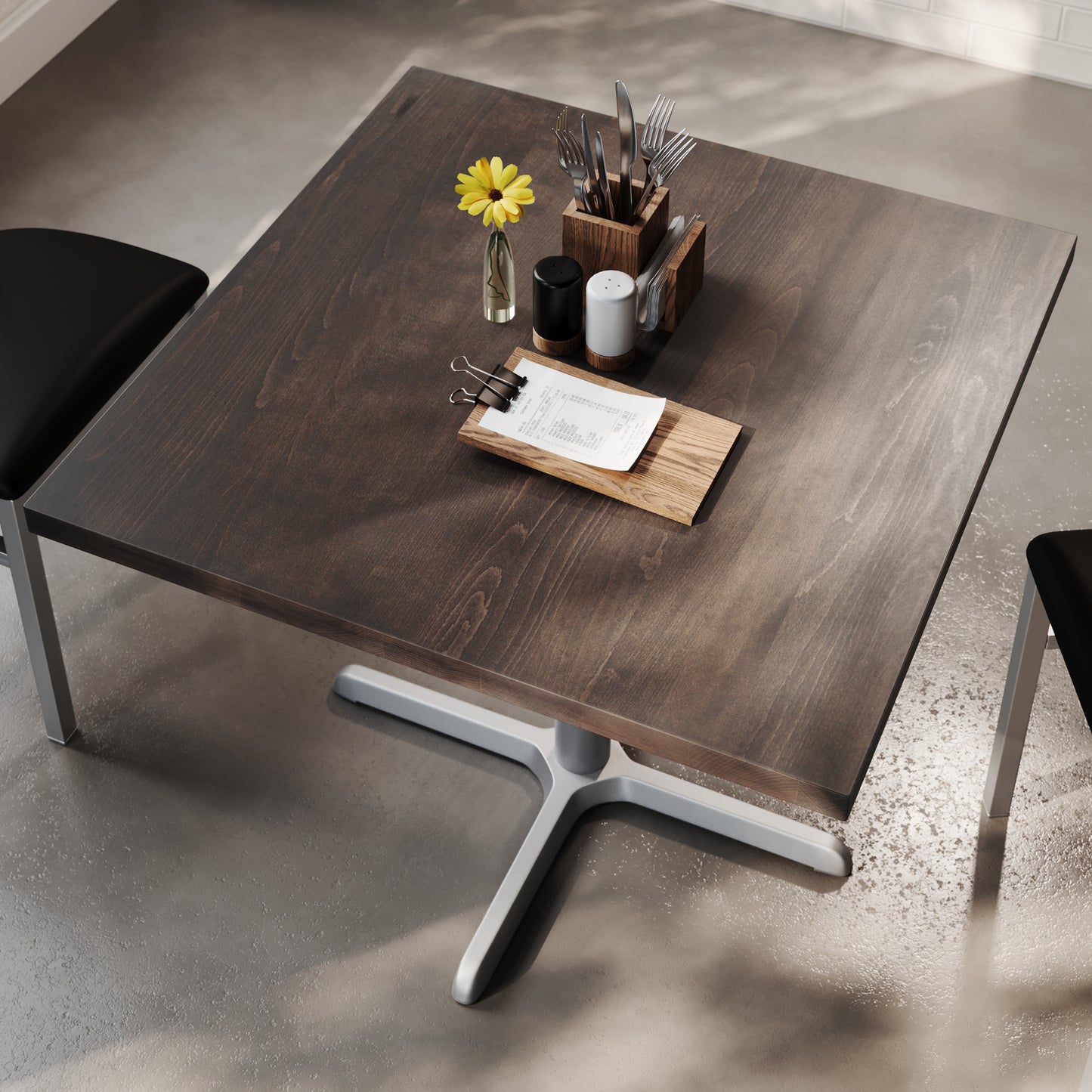 Bennett 36" Square Solid Wood Commercial Indoor Tabletop in Dark Brown with 30" x 30" Dining Height Rust-Resistant Silver Cast Iron X-Base Dark Brown Top/Silver Base