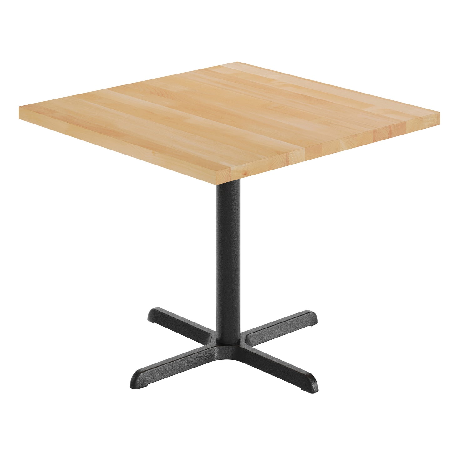 Bennett 36" Square Solid Wood Commercial Indoor Tabletop in Natural with 30" x 30" Dining Height Rust-Resistant Black Cast Iron X-Base Natural Top/Black Base