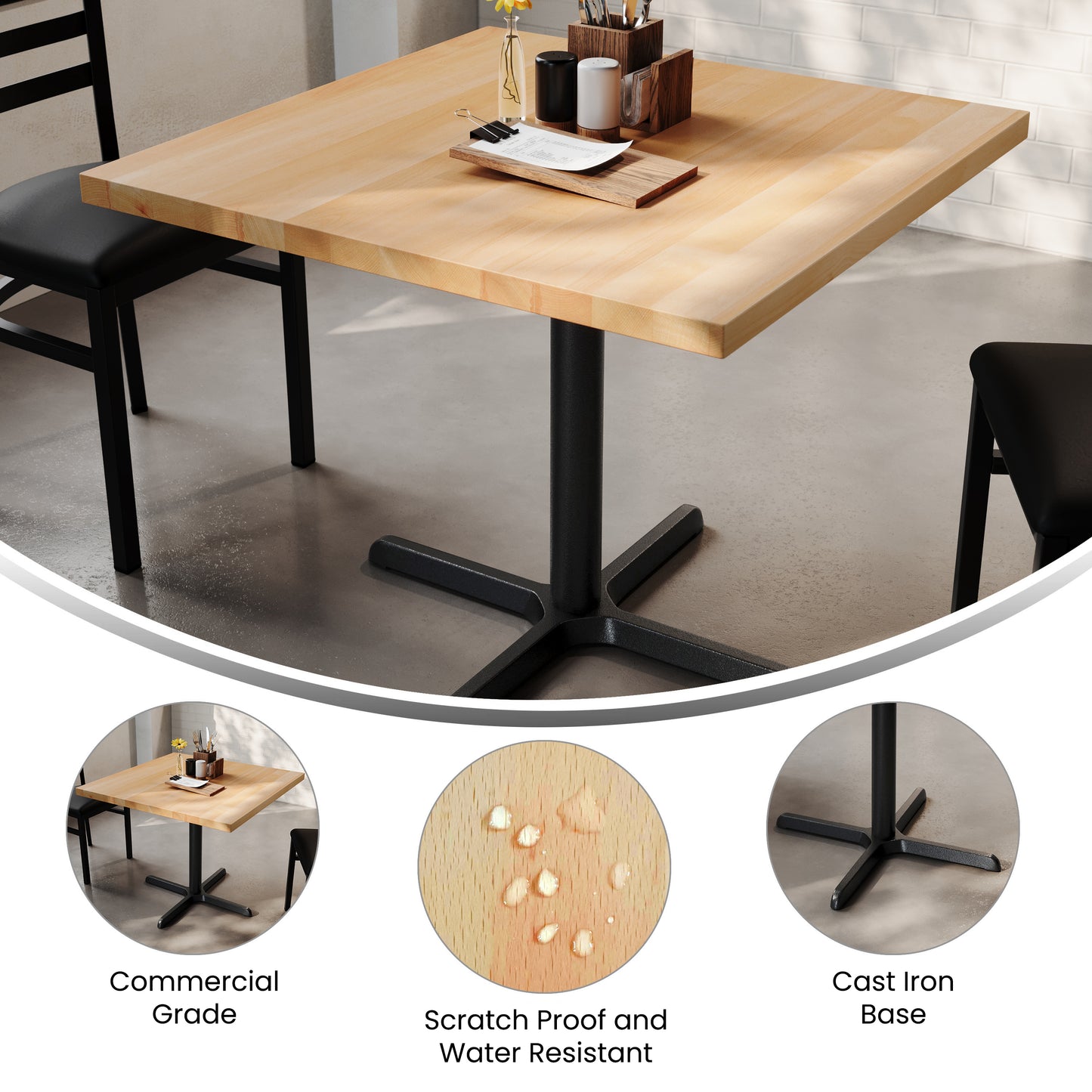 Bennett 36" Square Solid Wood Commercial Indoor Tabletop in Natural with 30" x 30" Dining Height Rust-Resistant Black Cast Iron X-Base Natural Top/Black Base