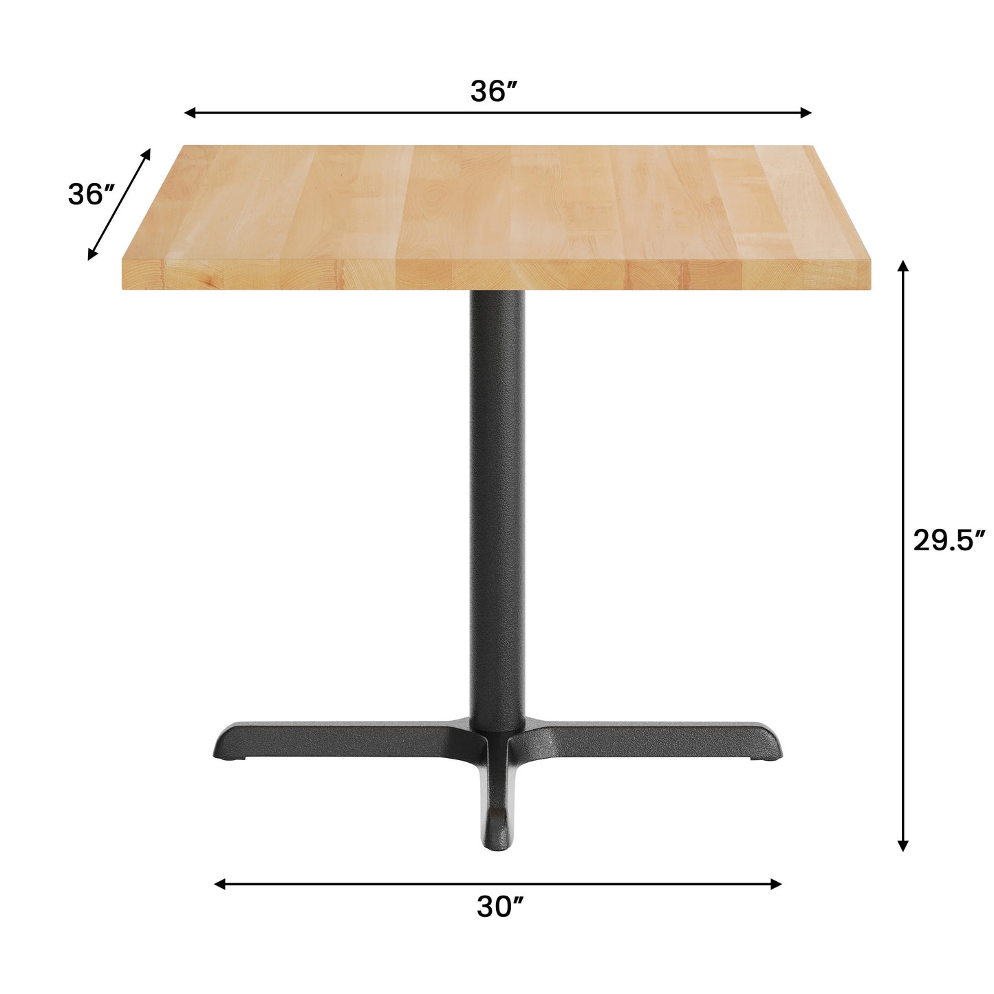 Bennett 36" Square Solid Wood Commercial Indoor Tabletop in Natural with 30" x 30" Dining Height Rust-Resistant Black Cast Iron X-Base Natural Top/Black Base