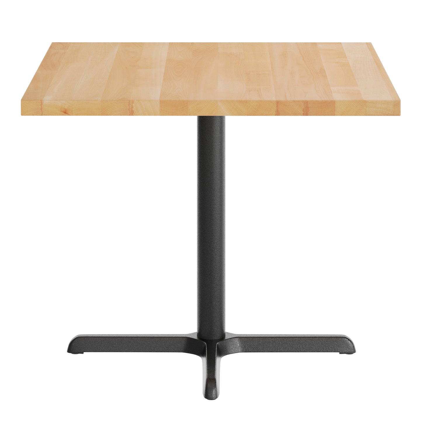 Bennett 36" Square Solid Wood Commercial Indoor Tabletop in Natural with 30" x 30" Dining Height Rust-Resistant Black Cast Iron X-Base Natural Top/Black Base