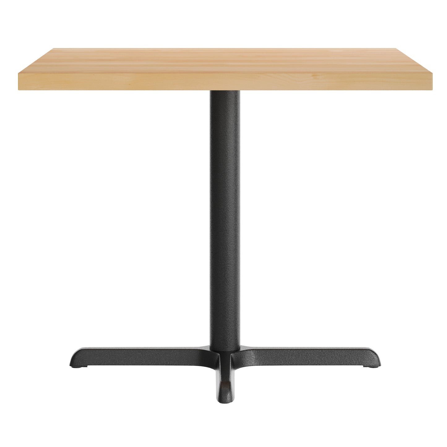 Bennett 36" Square Solid Wood Commercial Indoor Tabletop in Natural with 30" x 30" Dining Height Rust-Resistant Black Cast Iron X-Base Natural Top/Black Base
