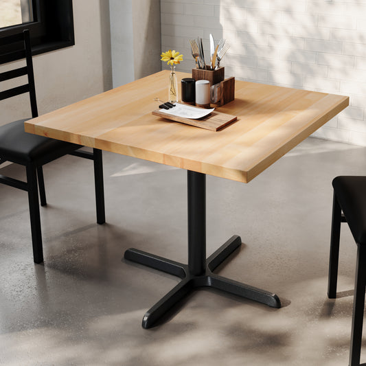Bennett 36" Square Solid Wood Commercial Indoor Tabletop in Natural with 30" x 30" Dining Height Rust-Resistant Black Cast Iron X-Base Natural Top/Black Base