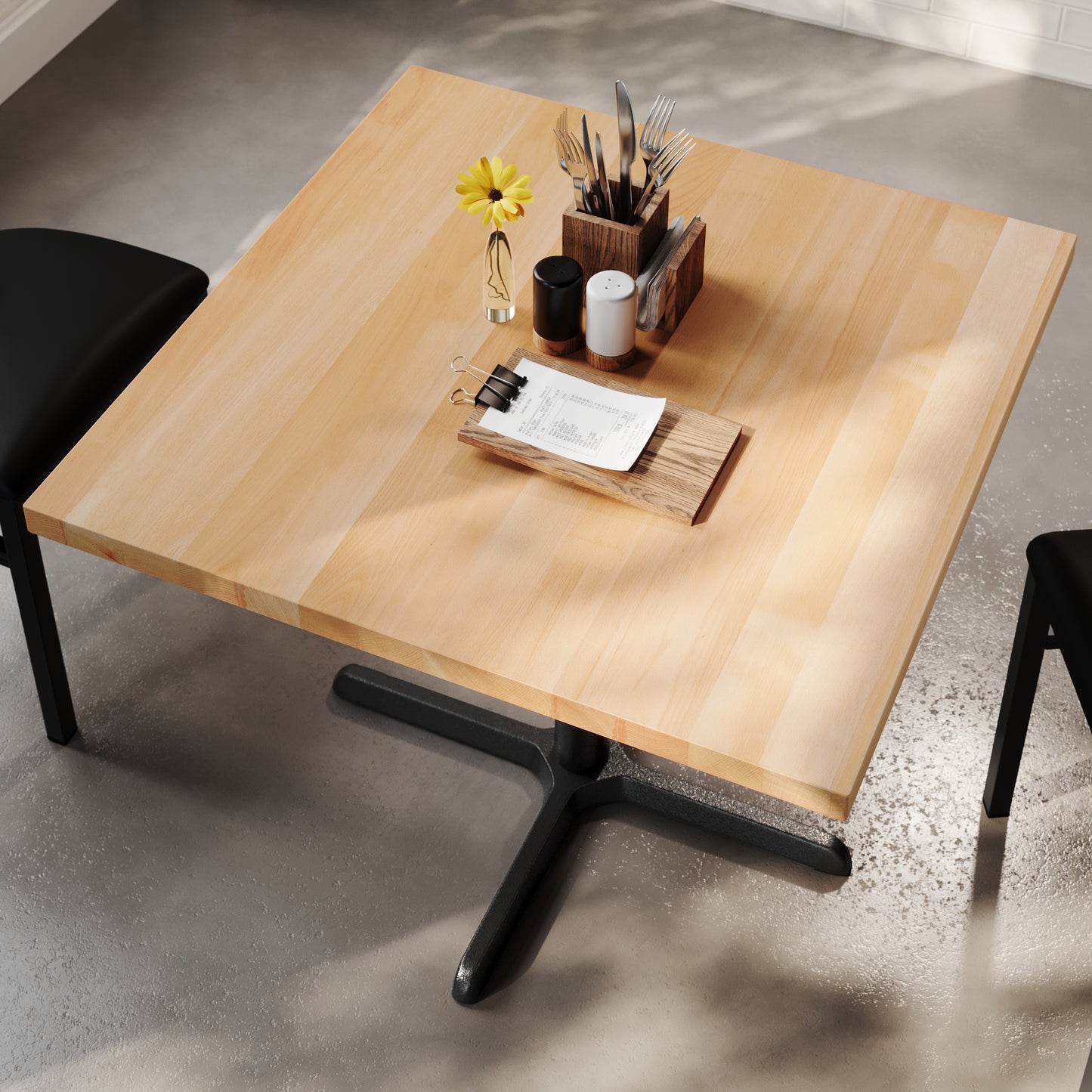 Bennett 36" Square Solid Wood Commercial Indoor Tabletop in Natural with 30" x 30" Dining Height Rust-Resistant Black Cast Iron X-Base Natural Top/Black Base